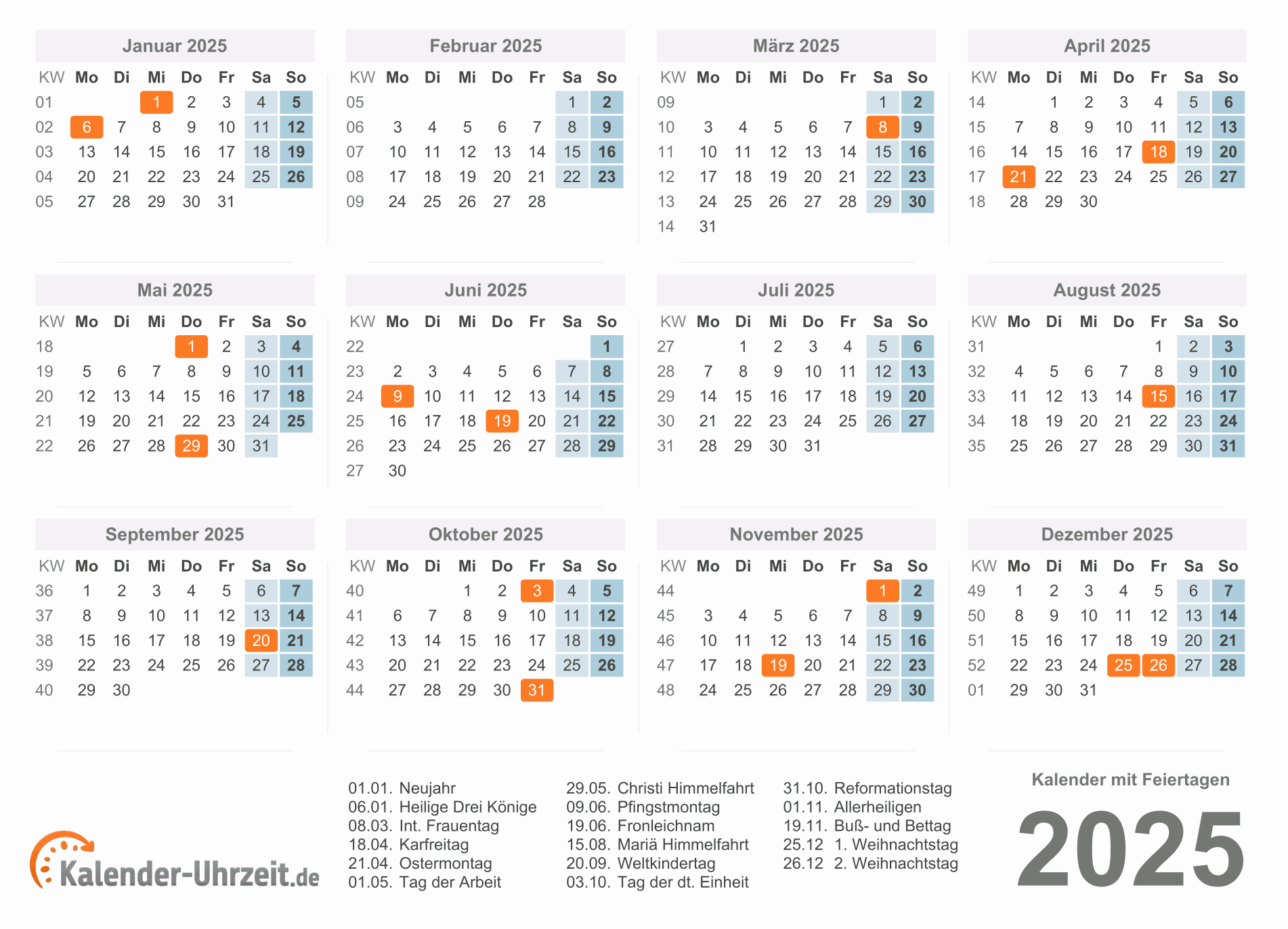 Kalender 2025 Zum Ausdrucken - Kostenlos | 2025 Kalender Mit Feiertagen