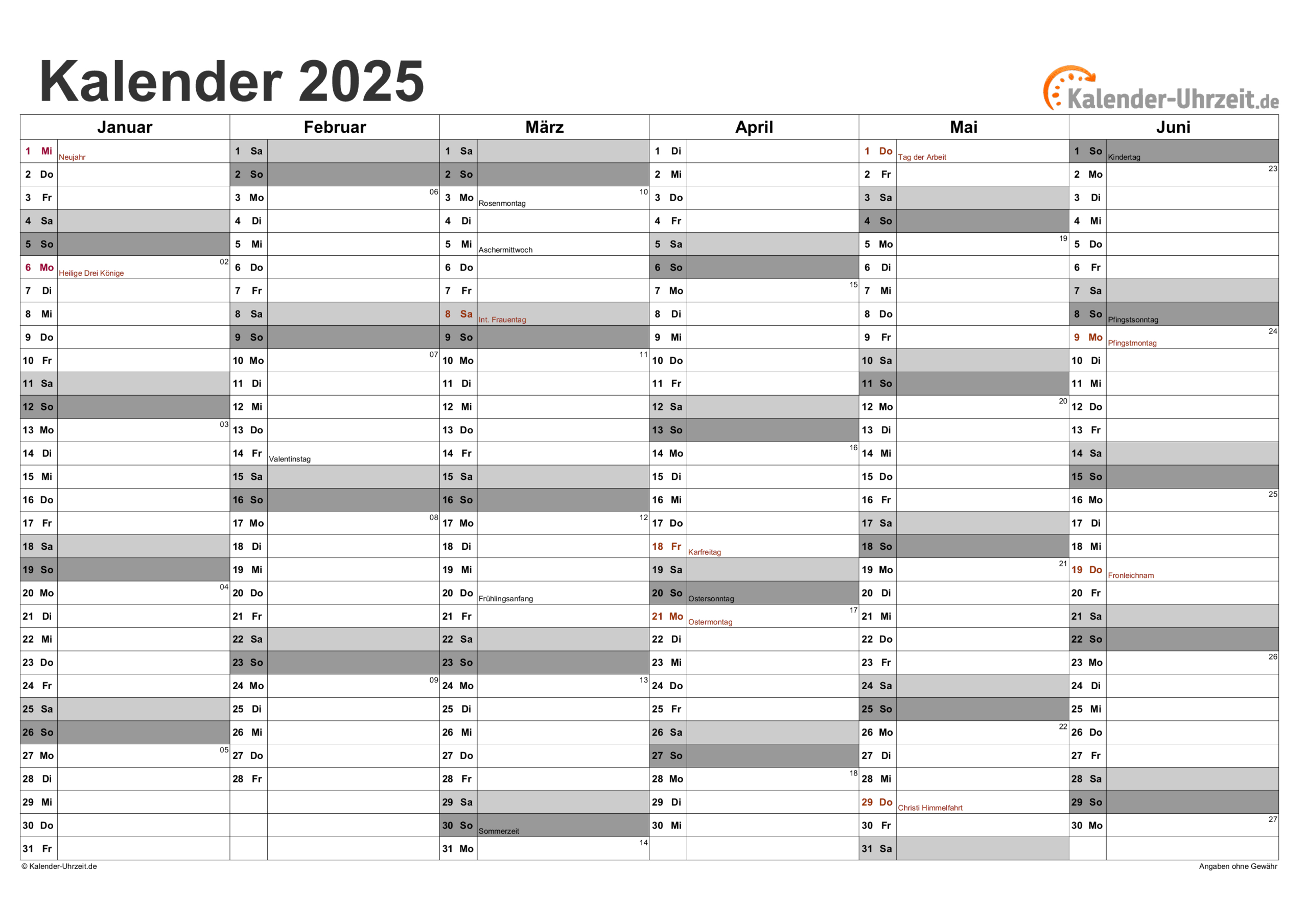 Kalender 2025 Zum Ausdrucken - Kostenlos | Gratis Kalender 2025