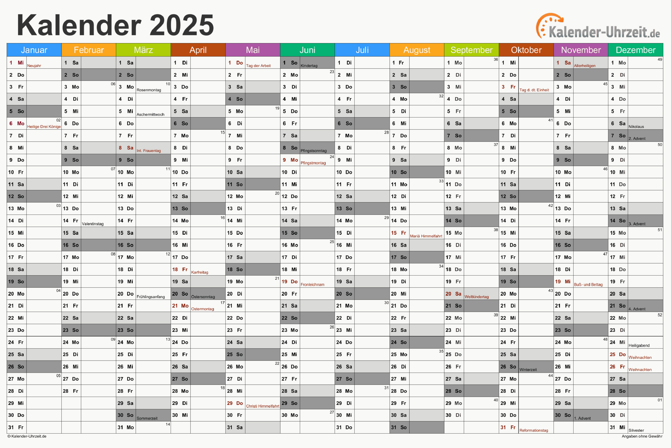 Kalender 2025 Zum Ausdrucken - Kostenlos | Gratis Kalender 2025