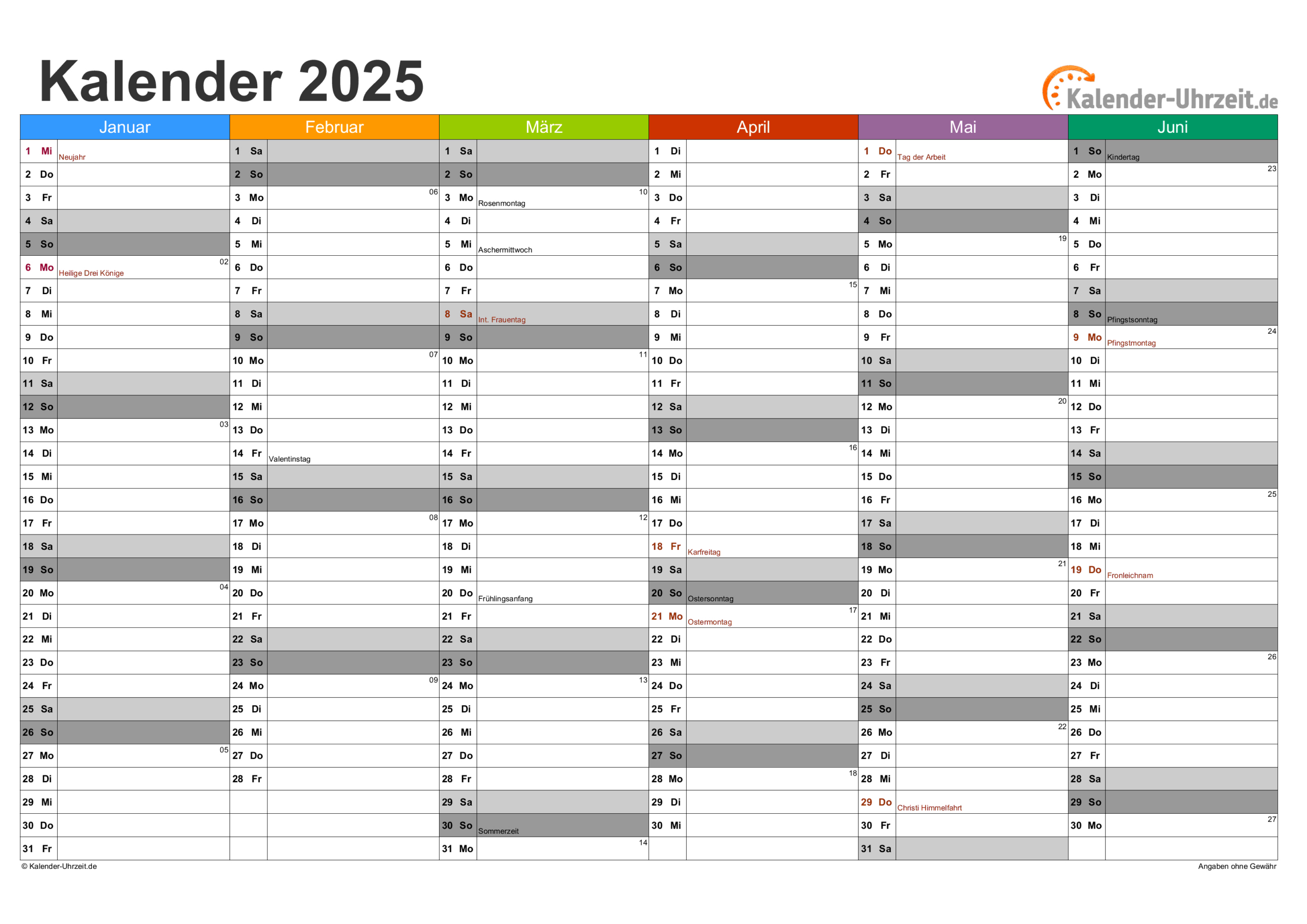 Kalender 2025 Zum Ausdrucken - Kostenlos | Kalender 2025 Download Kostenlos