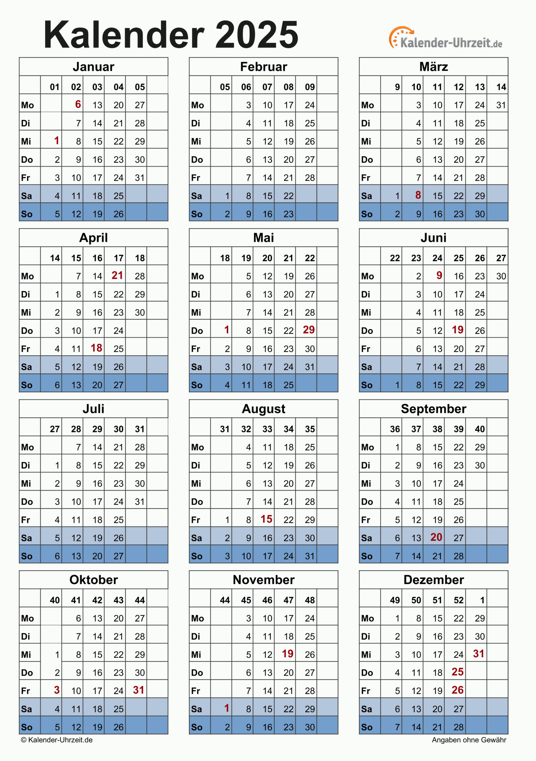 Kalender 2025 Zum Ausdrucken - Kostenlos | Kalender 2025 Kalenderwochen