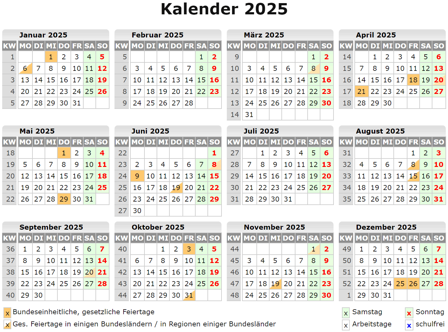 Kalender 2025 Zum Ausdrucken Kostenlos | Kalender 2025 Kw