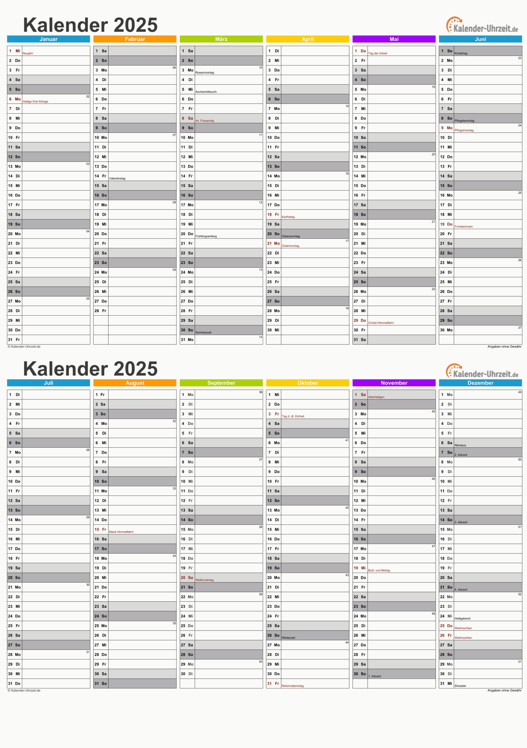 Kalender 2025 Zum Ausdrucken - Kostenlos | Kalender Uhrzeit 2025