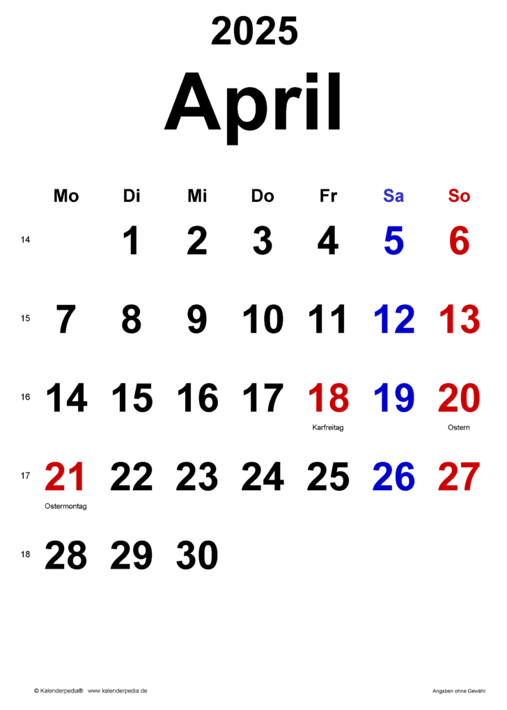 Kalender 2025 April