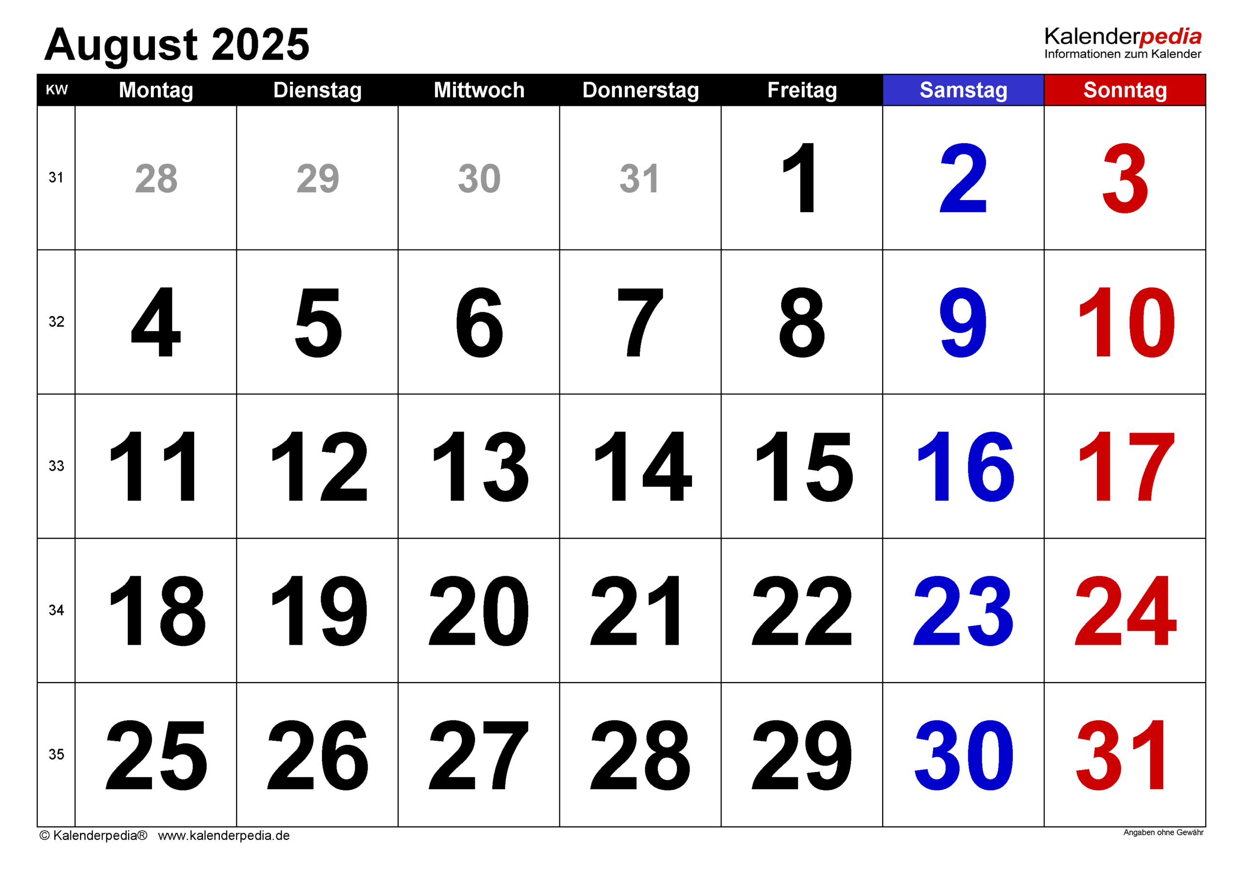 Kalender August 2025 Als Pdf-Vorlagen | August 2025 Kalender