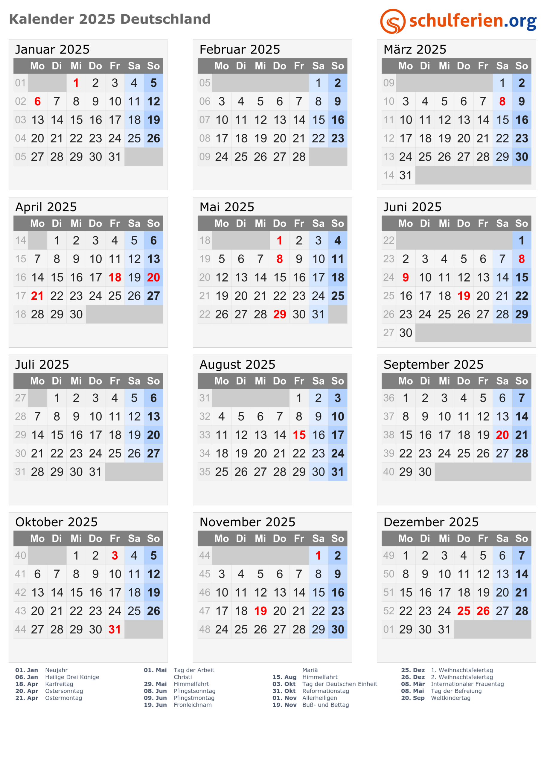 Kalender Deutschland 2025 Mit Feiertage | 2025 Kalender Mit Feiertagen