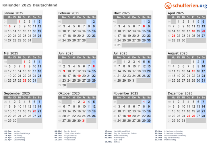 Kalender 2025 Schulferien