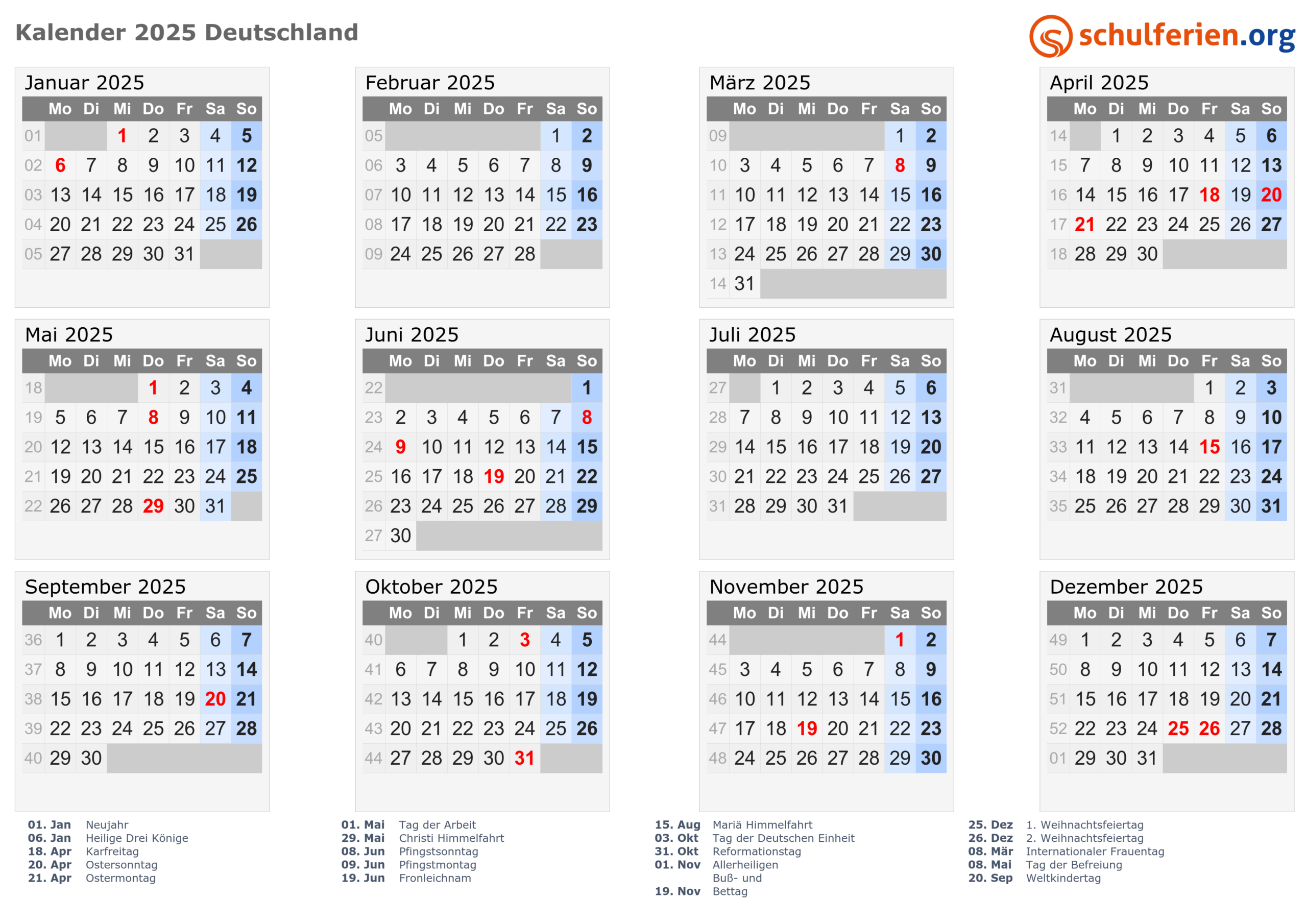 Kalender Deutschland 2025 Mit Feiertage | Kalender 2025 Schulferien