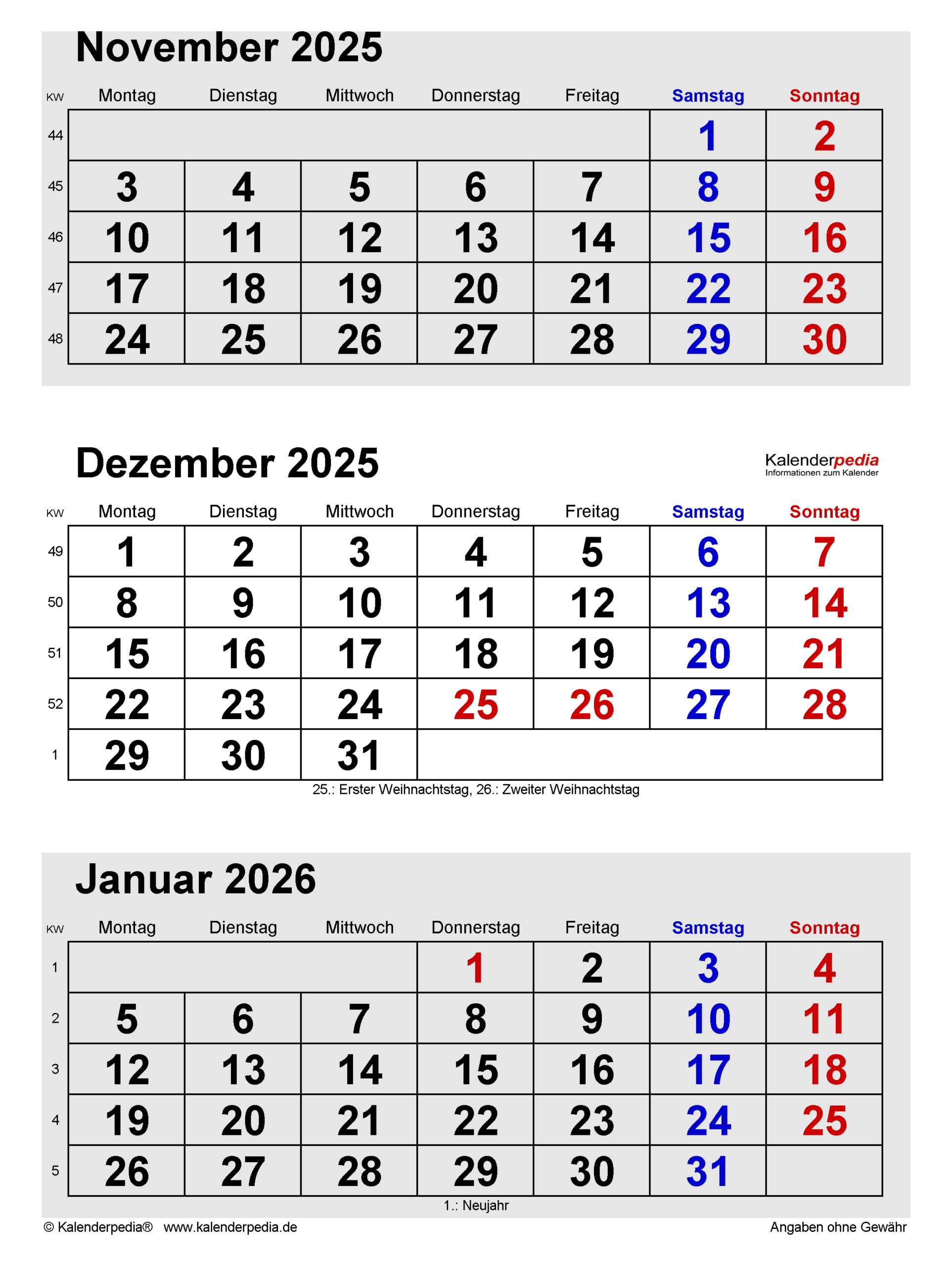 Kalender Dezember 2025 Als Pdf-Vorlagen | Kalender Dezember 2025 Januar 2026