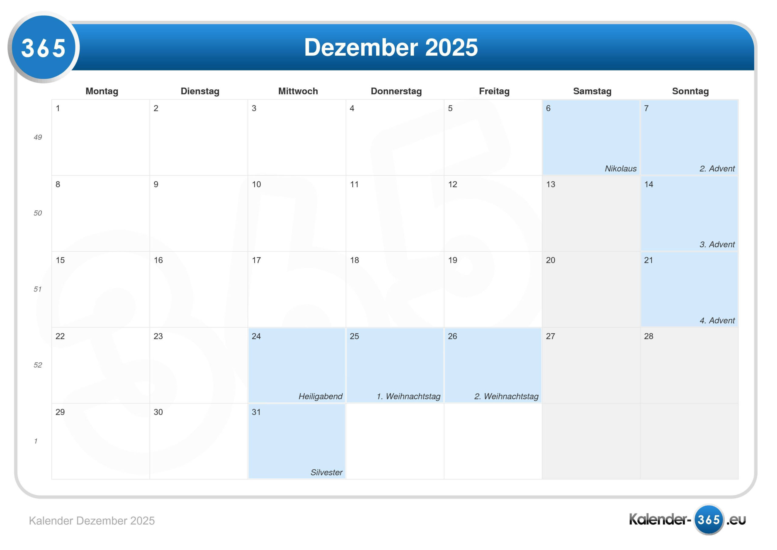 Kalender Dezember 2025 | Weihnachten 2025 Kalender