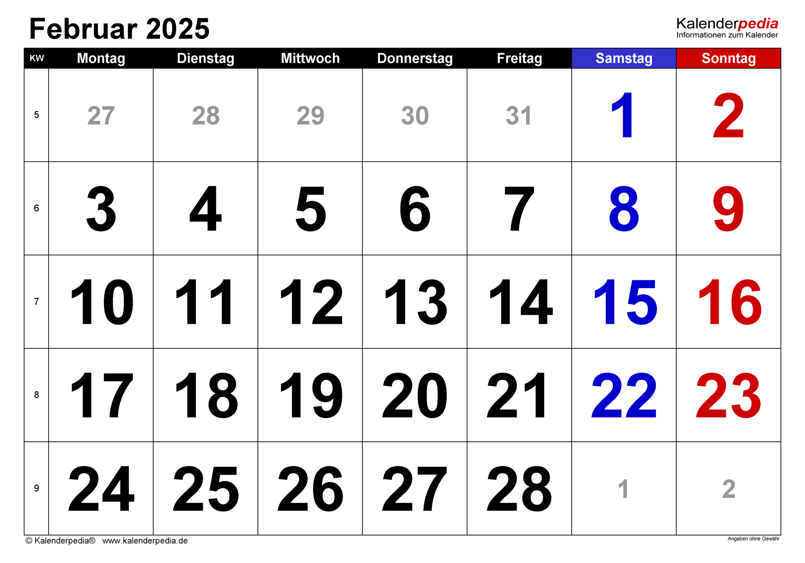 Kalender Februar 2025 Als Pdf-Vorlagen | Februar 2025 Kalender