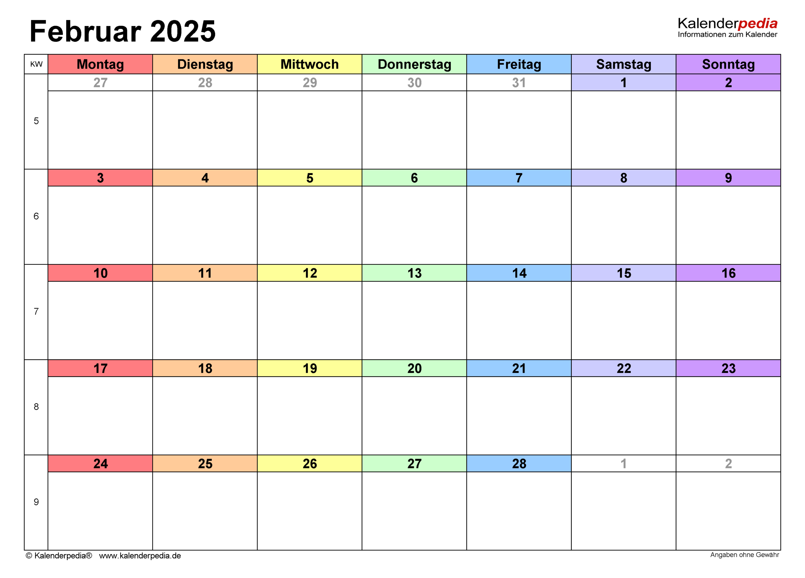 Kalender Februar 2025 Als Pdf-Vorlagen | Kalender 2025 Februar