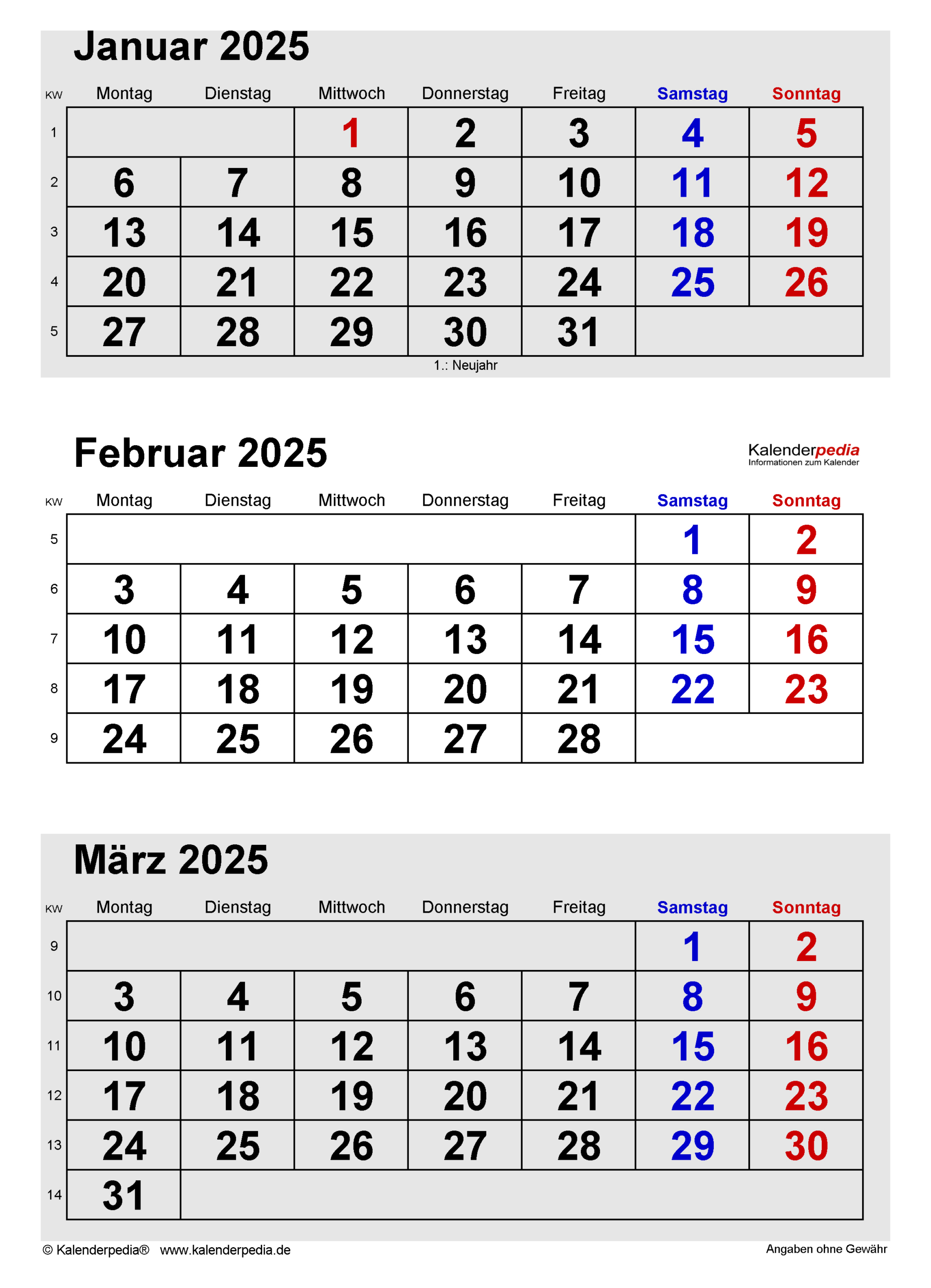 Kalender Februar 2025 Als Pdf-Vorlagen | Kalender Januar Februar März 2025