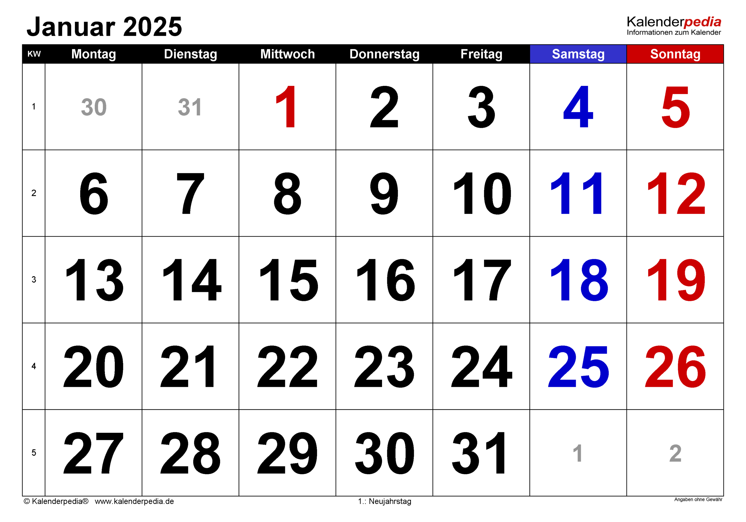 Kalender Januar 2025 Als Pdf-Vorlagen | Januar 2025 Kalender