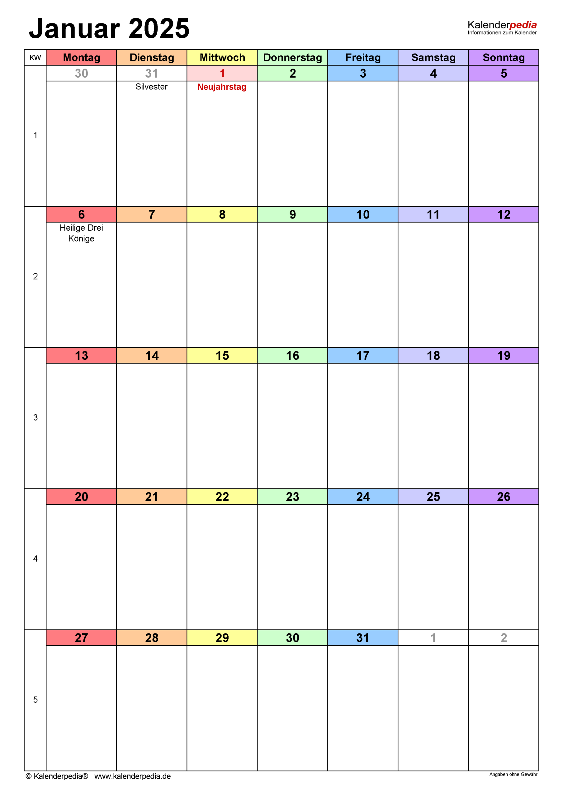 Kalender Januar 2025 Als Pdf-Vorlagen | Kalender 2025 Januar