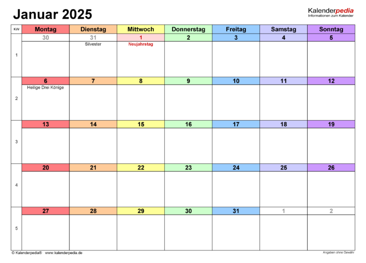 Kalender 2025 Januar Zum Ausdrucken