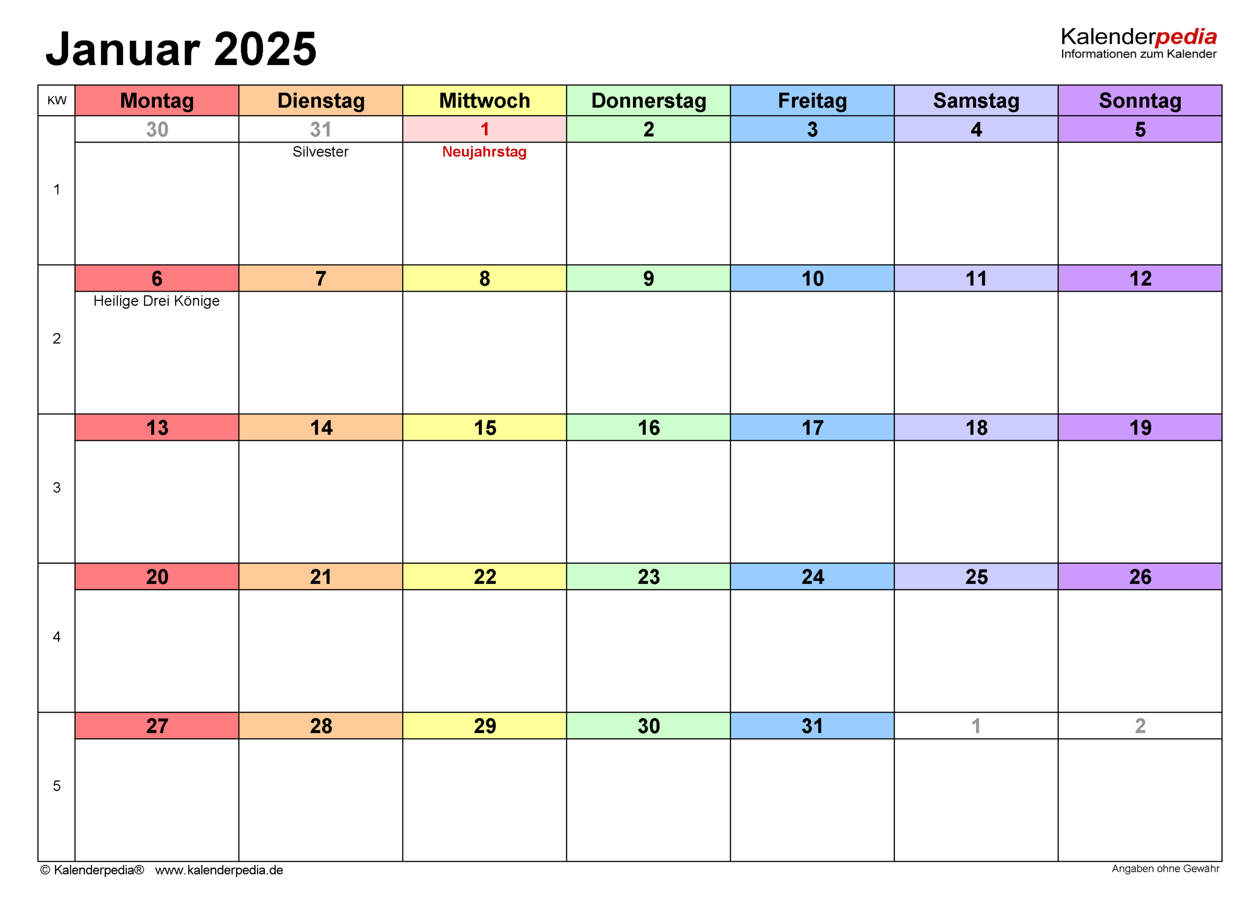 Kalender Januar 2025 Als Pdf-Vorlagen | Kalender 2025 Januar Zum Ausdrucken