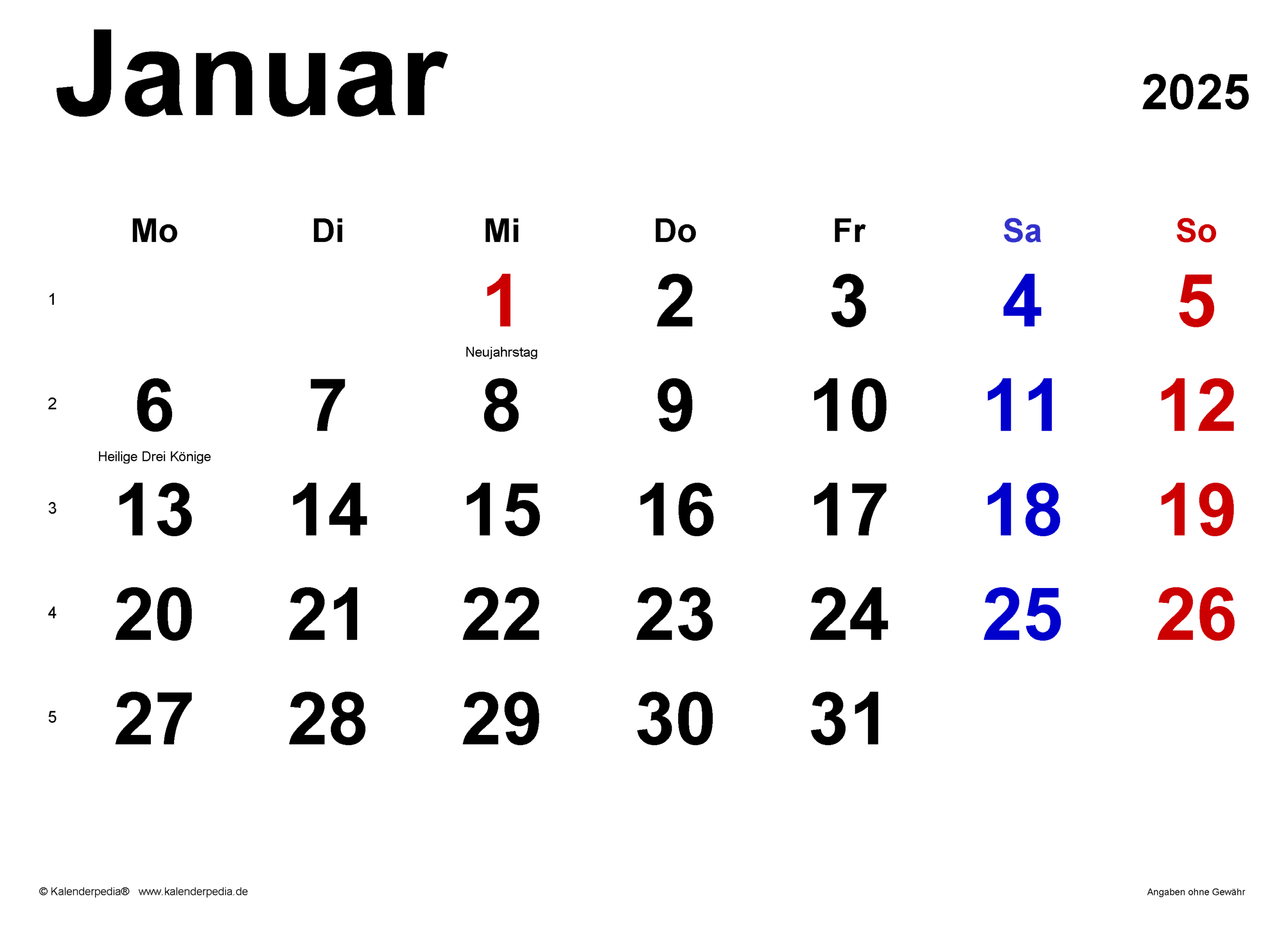 Kalender Januar 2025 Als Pdf-Vorlagen | Kalender Januar 2025 Mit Feiertagen