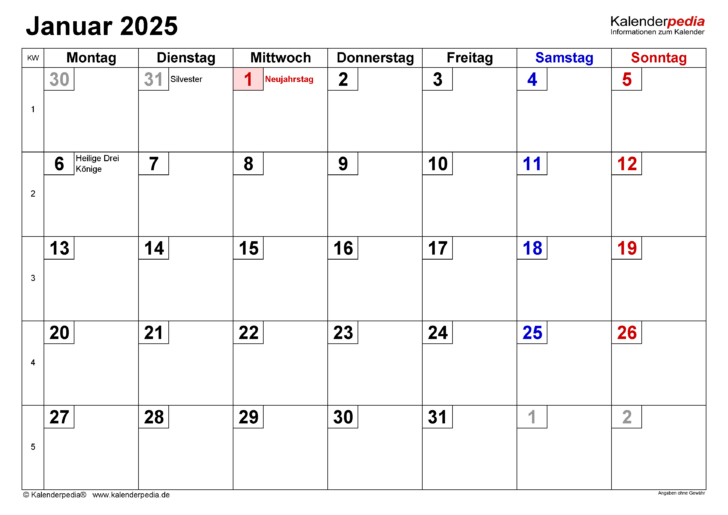 Kalender Januar 2025 Mit Feiertagen