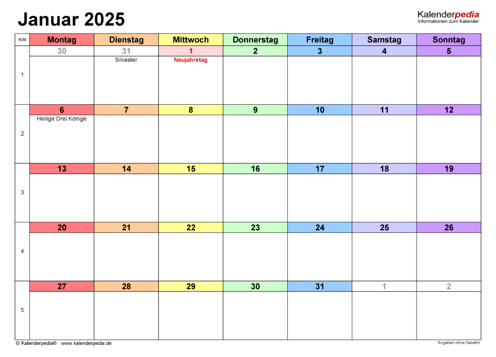 Kalender Januar 2025 Zum Ausdrucken Kostenlos - Kalender 2025