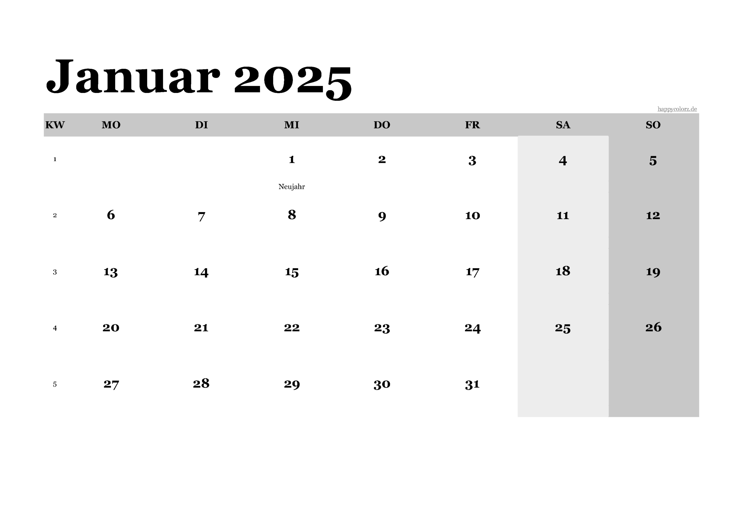 Kalender Januar 2025 Zum Ausdrucken (Pdf, Xls, Png) | Januar 2025 Kalender