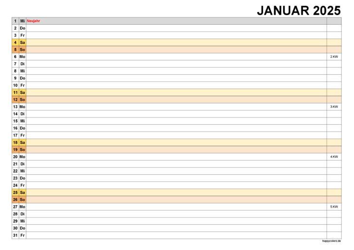 Kalender Januar 2025 Zum Ausdrucken