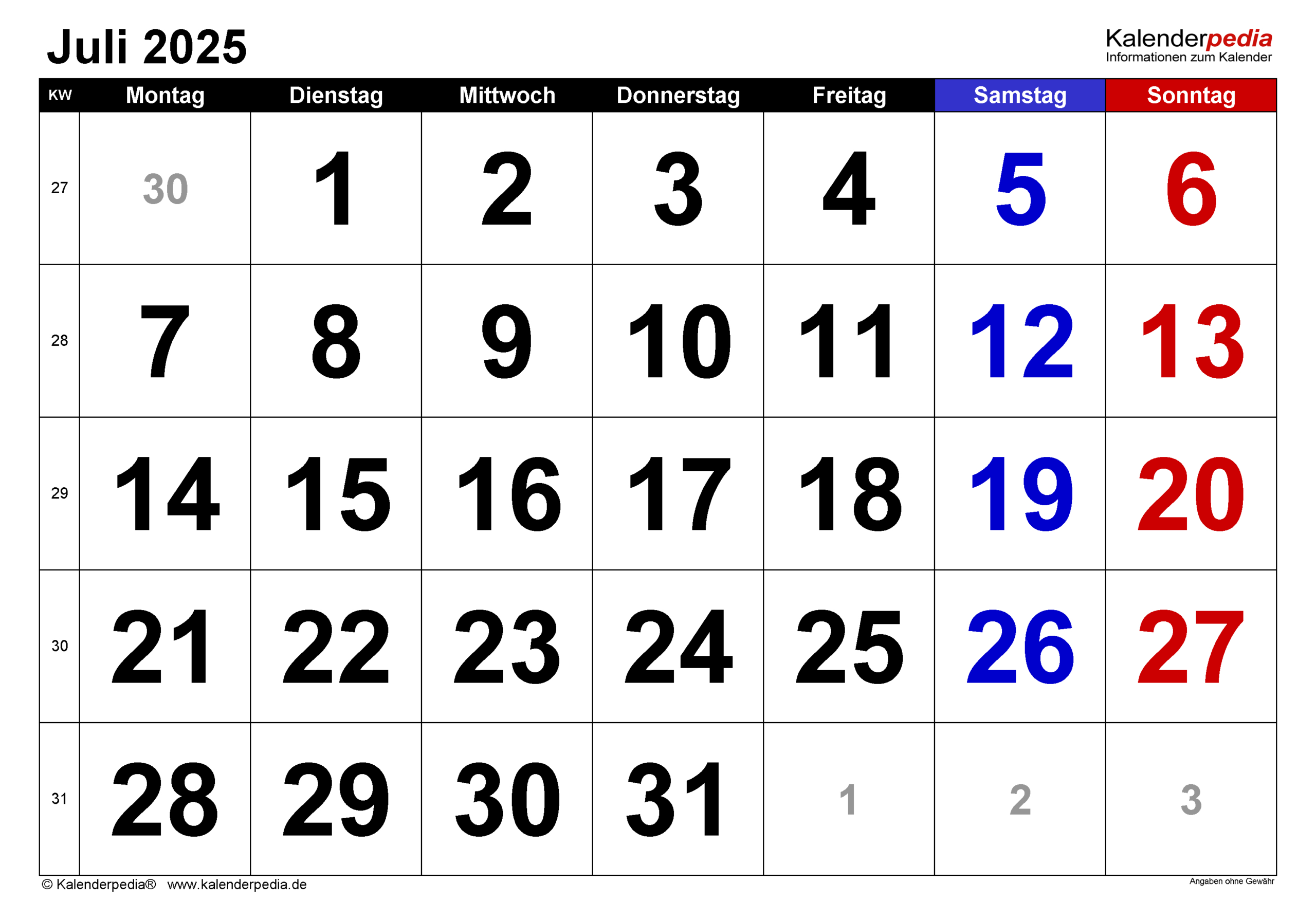 Kalender Juli 2025 Als Pdf-Vorlagen | Juli 2025 Kalender