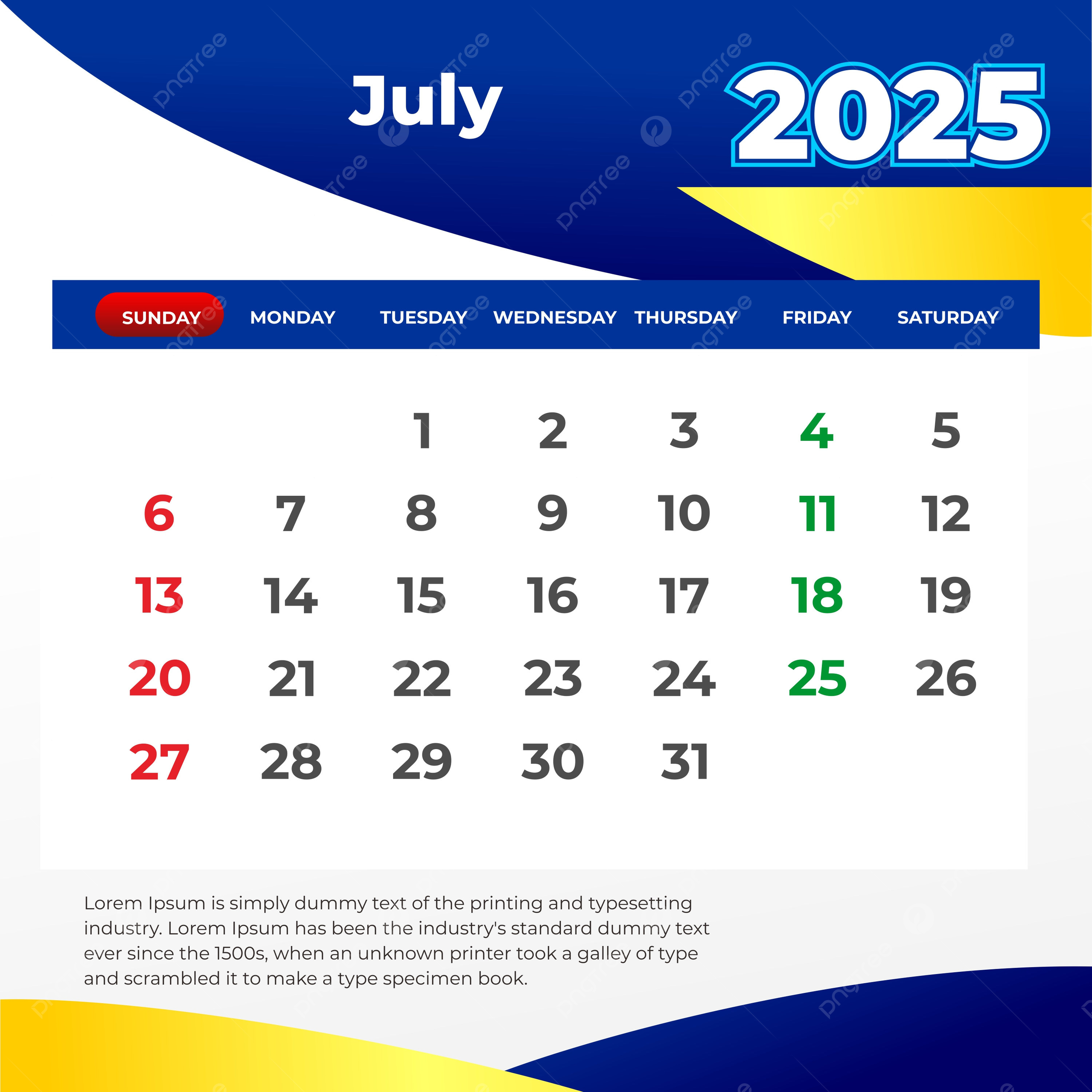 Kalender Juli 2025 Vektor Vorlage Zum Kostenlosen Download Auf Pngtree | Juli 2025 Kalender