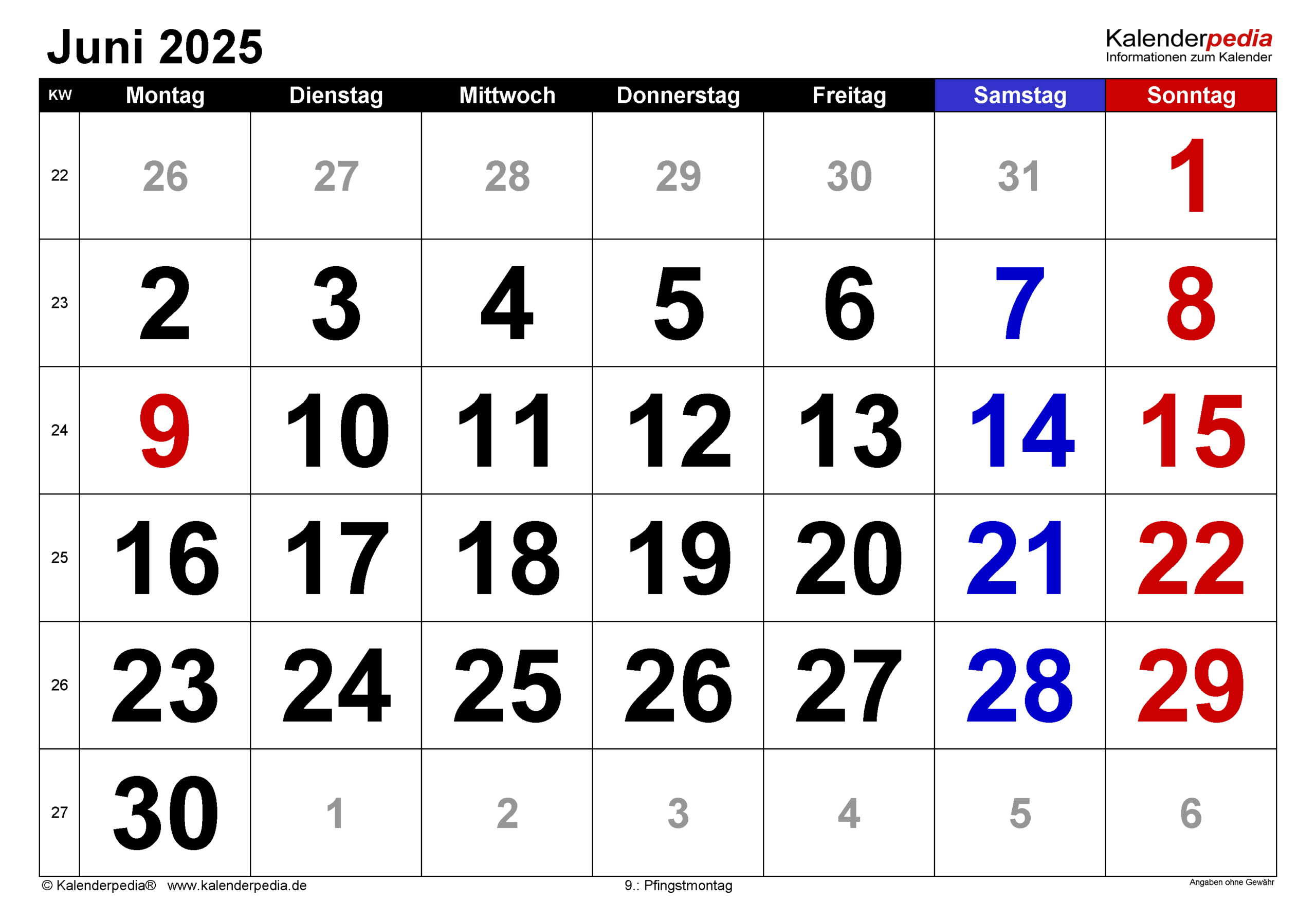 Kalender Juni 2025 Als Pdf-Vorlagen | Juni 2025 Kalender