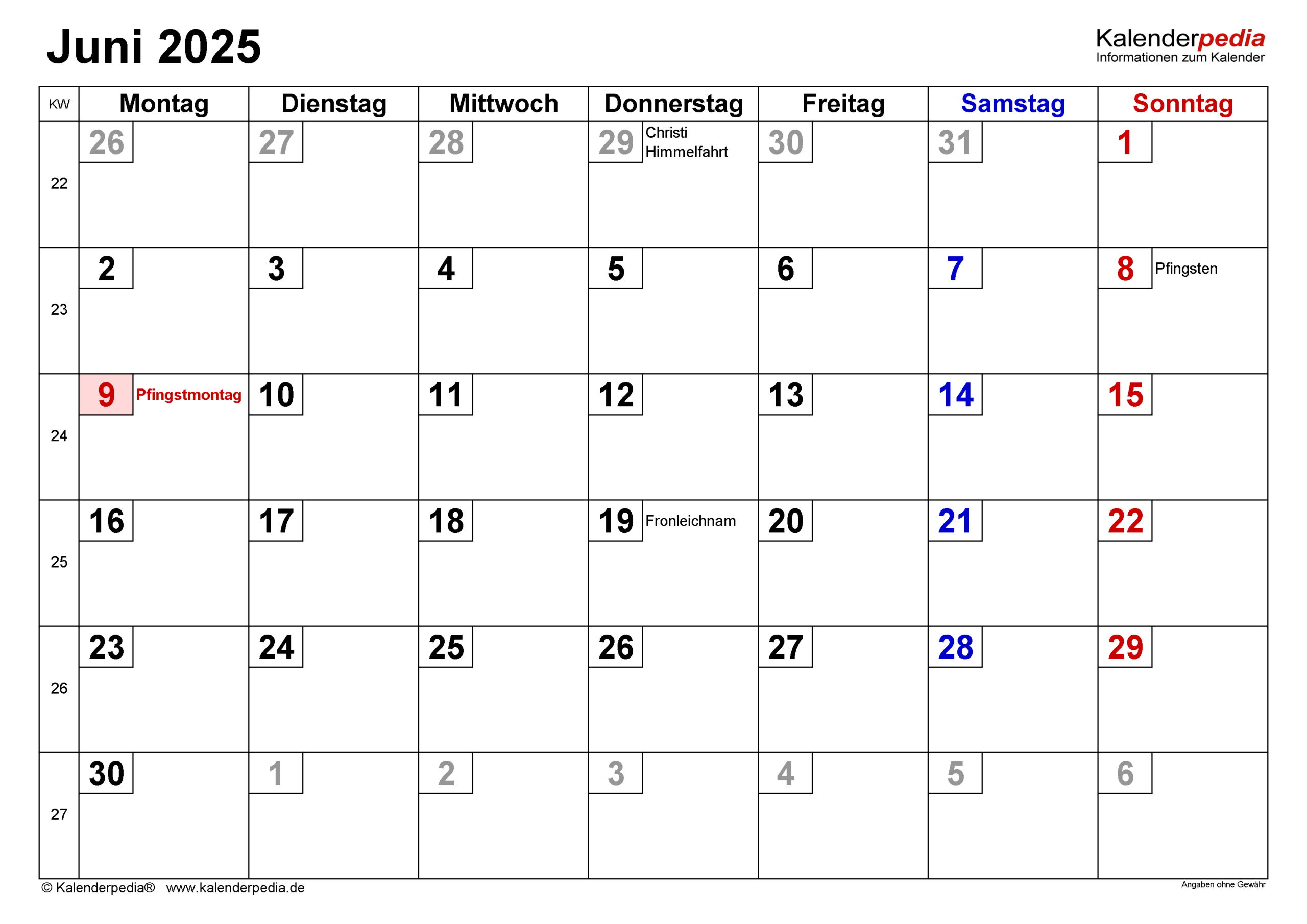 Kalender Juni 2025 Als Pdf-Vorlagen | Kalender Juni 2025 Mit Feiertagen