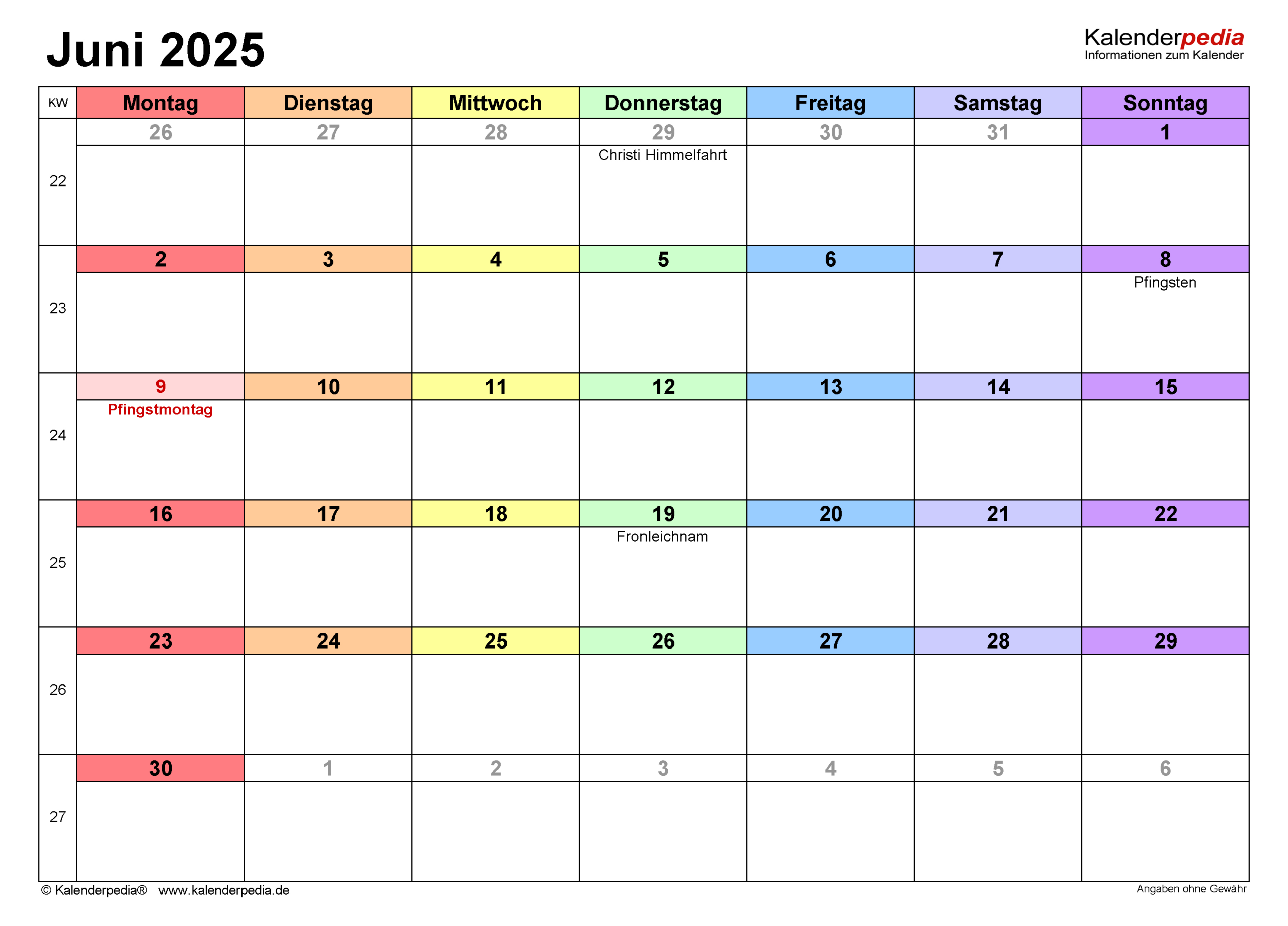 Kalender Juni 2025 Als Pdf-Vorlagen | Kalender Juni 2025 Mit Feiertagen