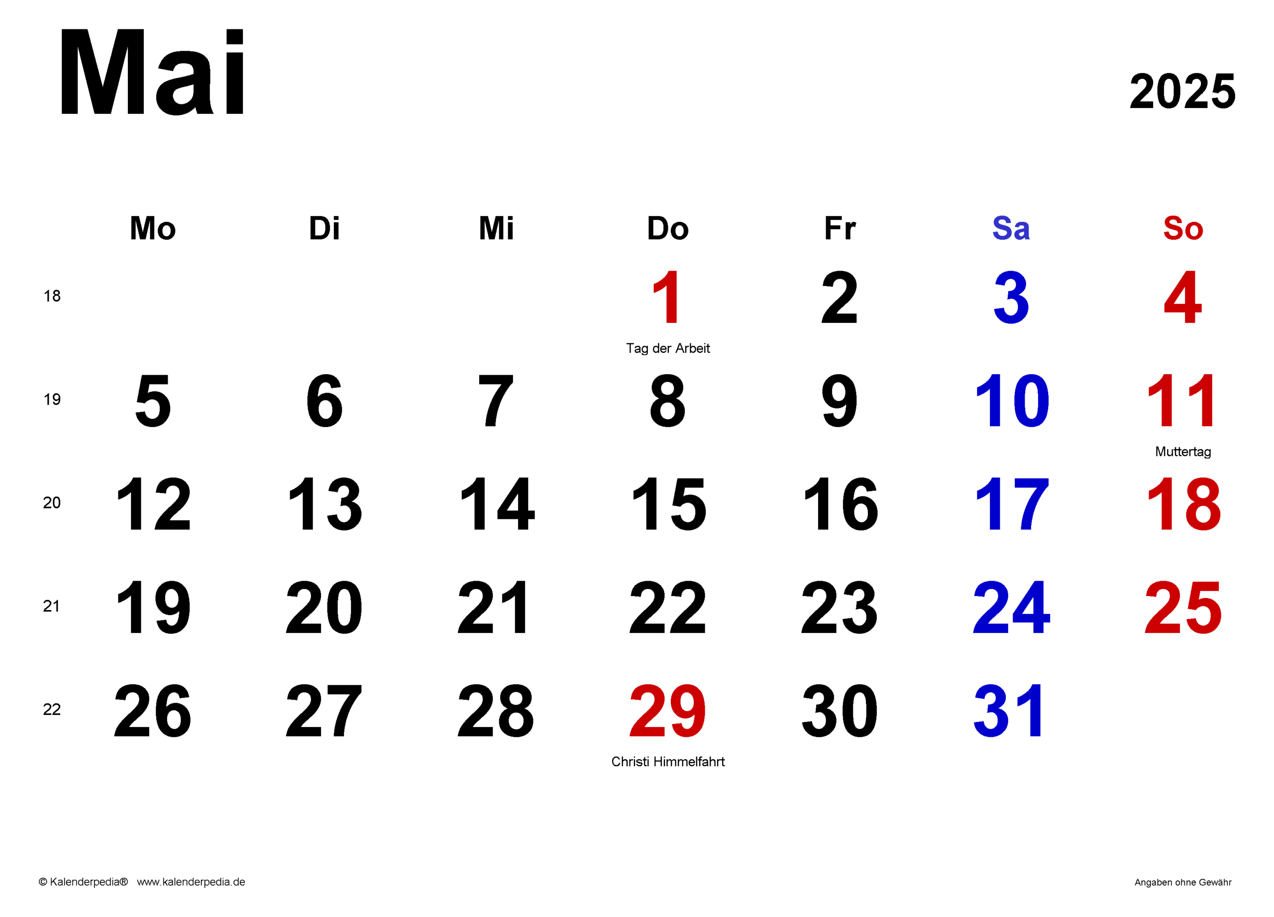 Kalender Mai 2025 Als Pdf-Vorlagen | Kalender Mai 2025 Mit Feiertagen