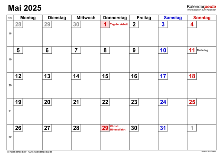 Kalender Mai 2025 Mit Feiertagen