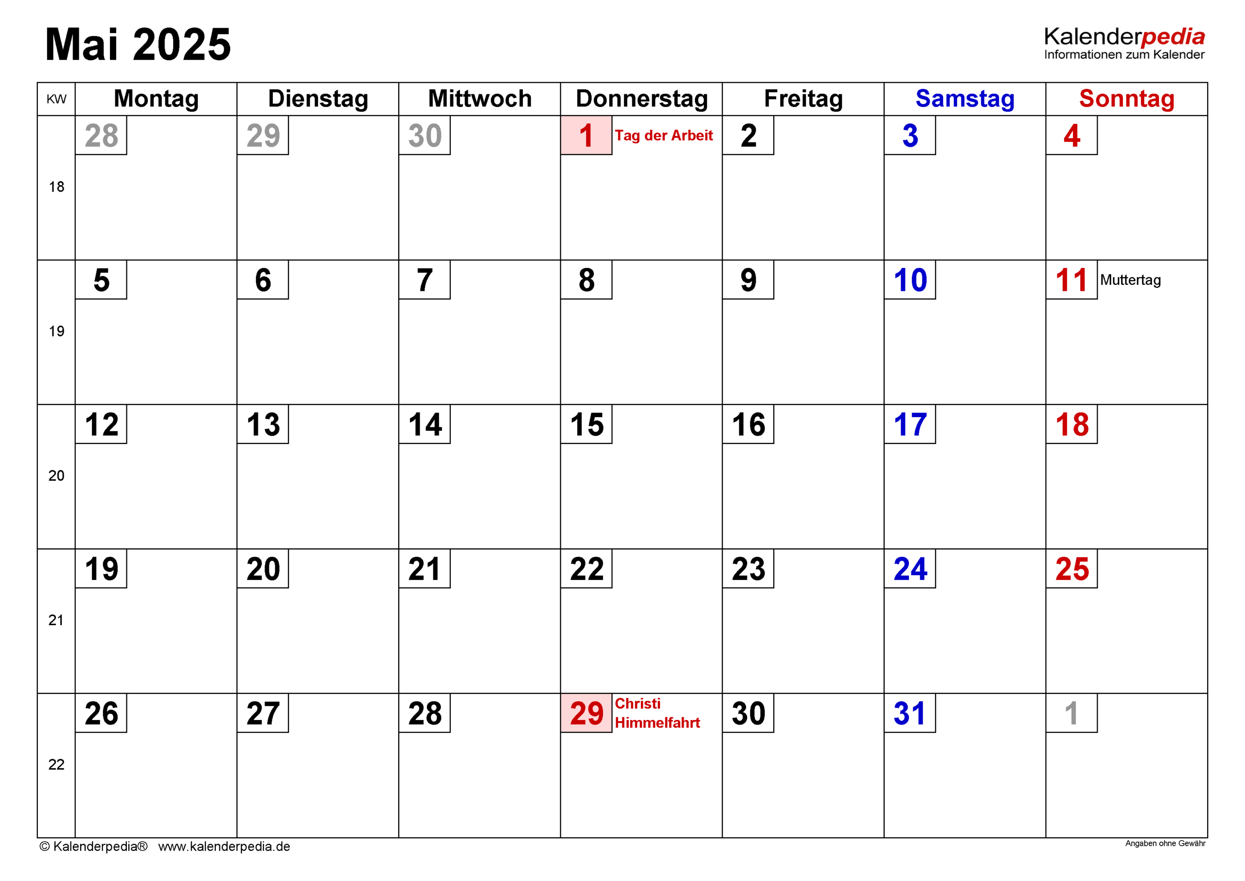 Kalender Mai 2025 Als Pdf-Vorlagen | Kalender Mai 2025 Mit Feiertagen