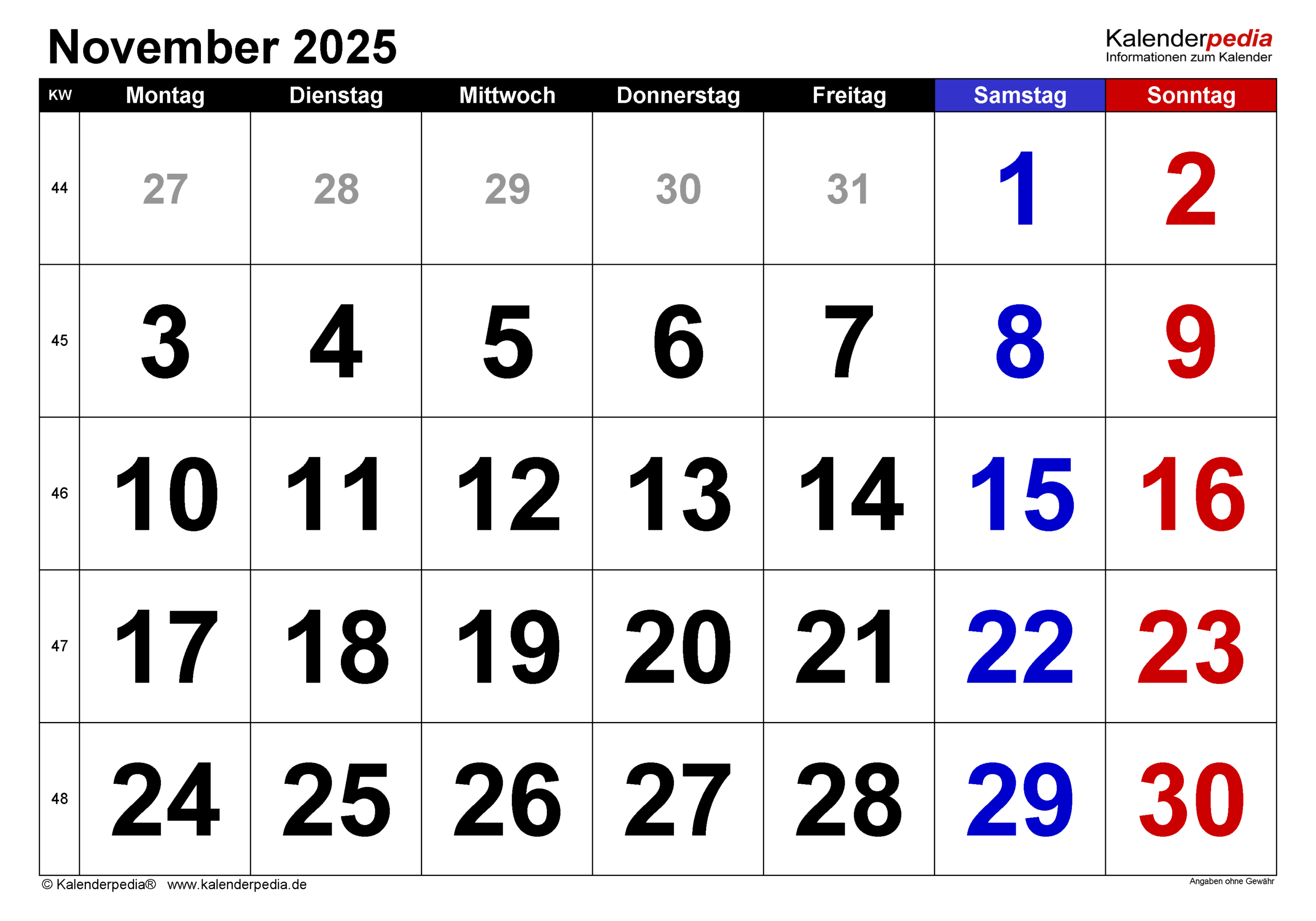 Kalender November 2025 Als Pdf-Vorlagen | Kalender November 2025