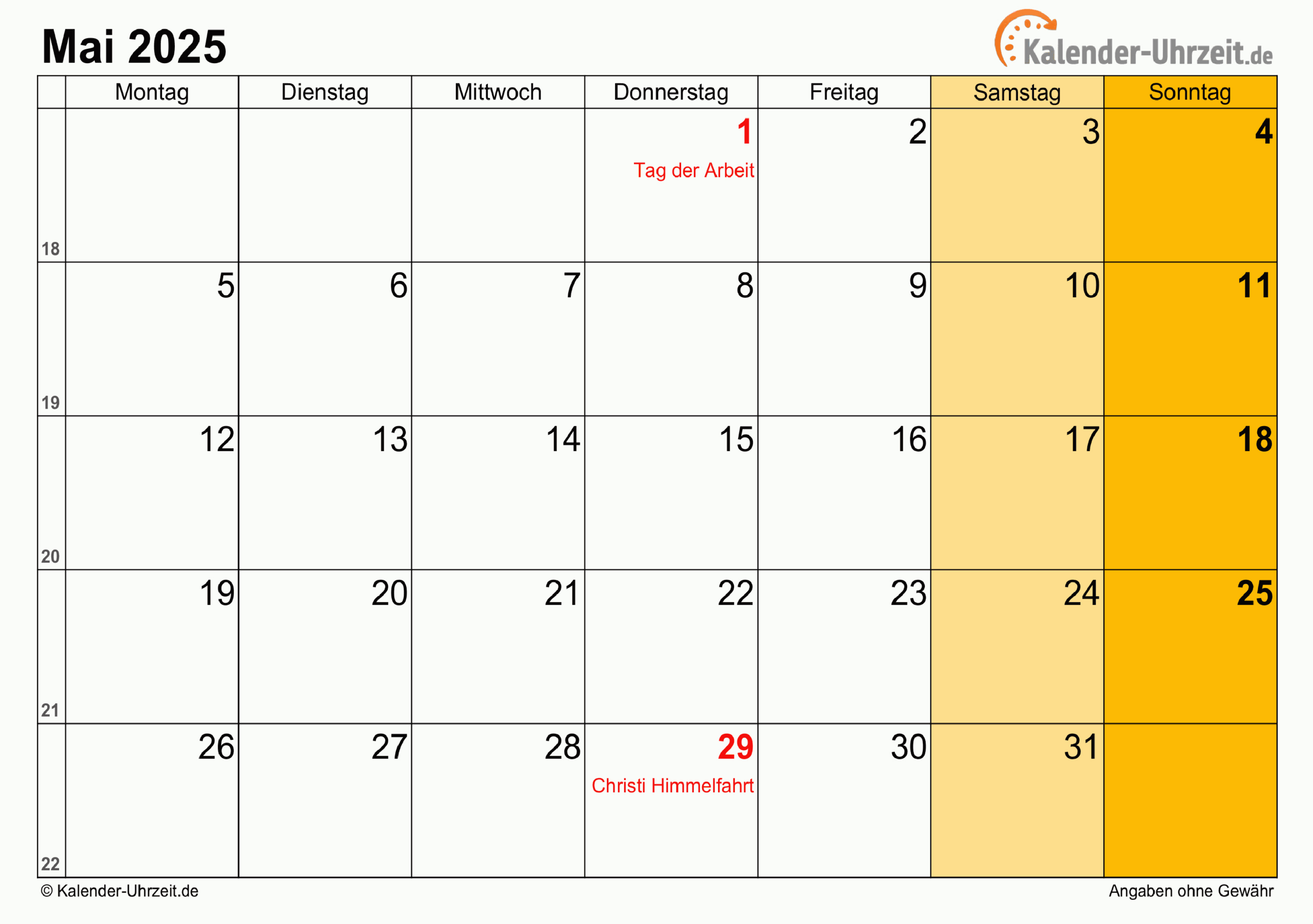 Mai 2025 Kalender Mit Feiertagen | Kalender Mai 2025 Mit Feiertagen