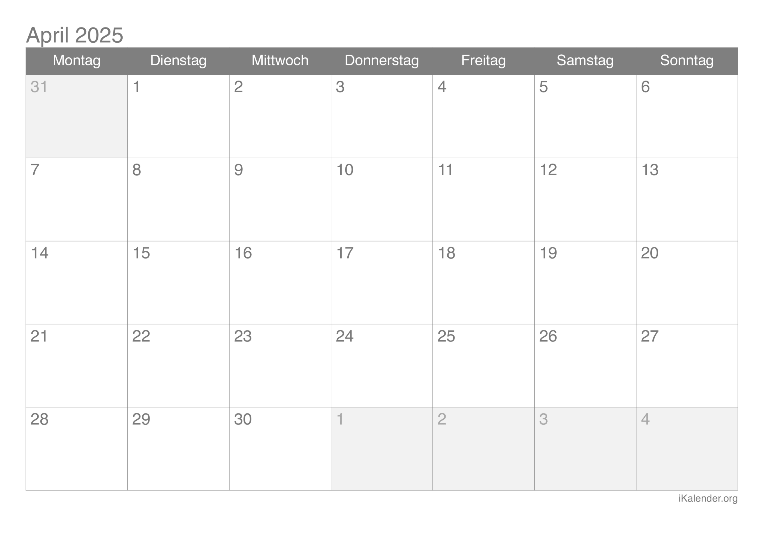 Monatskalender April 2025 Zum Ausdrucken | April 2025 Kalender