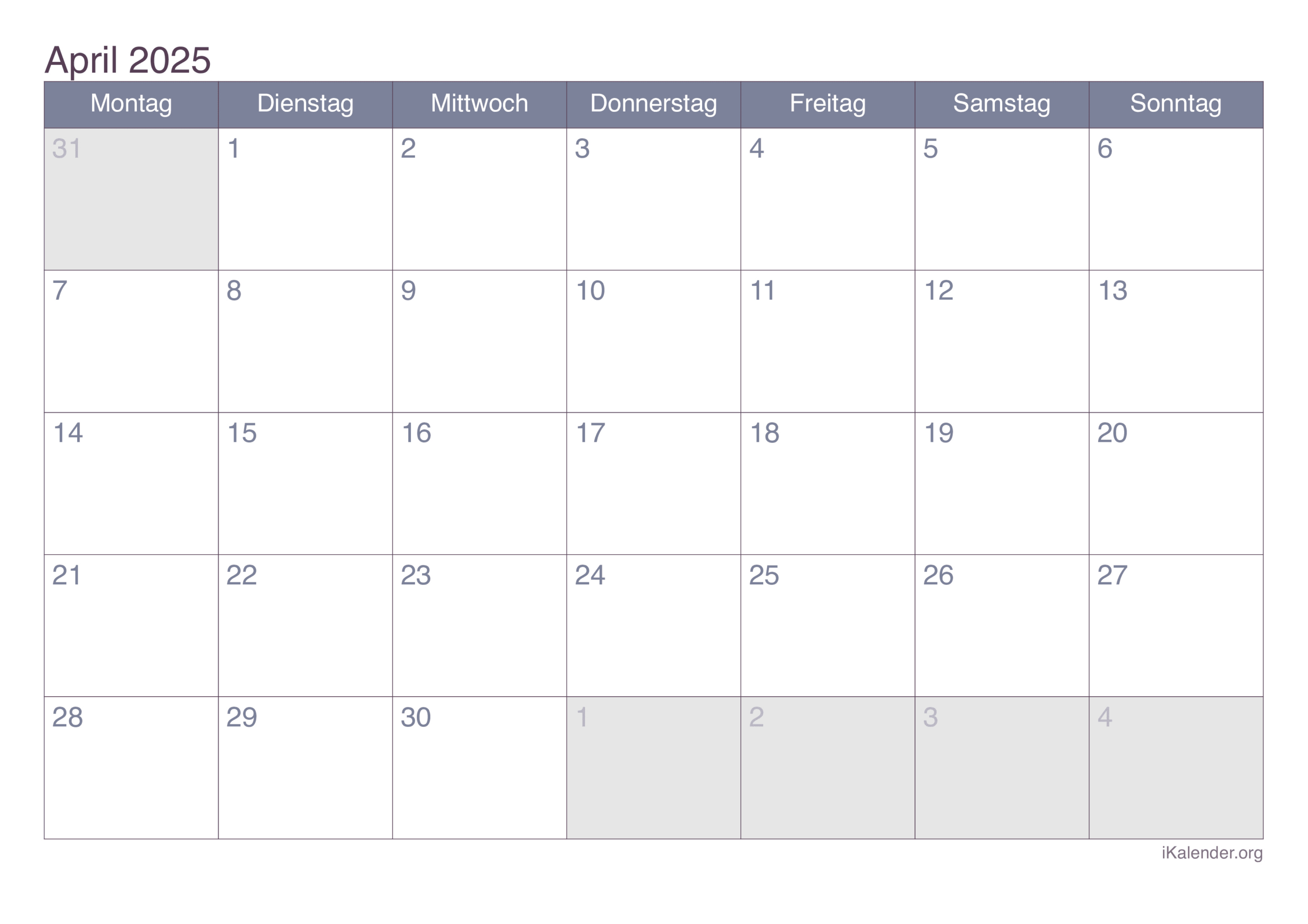 Monatskalender April 2025 Zum Ausdrucken | Kalender April 2025