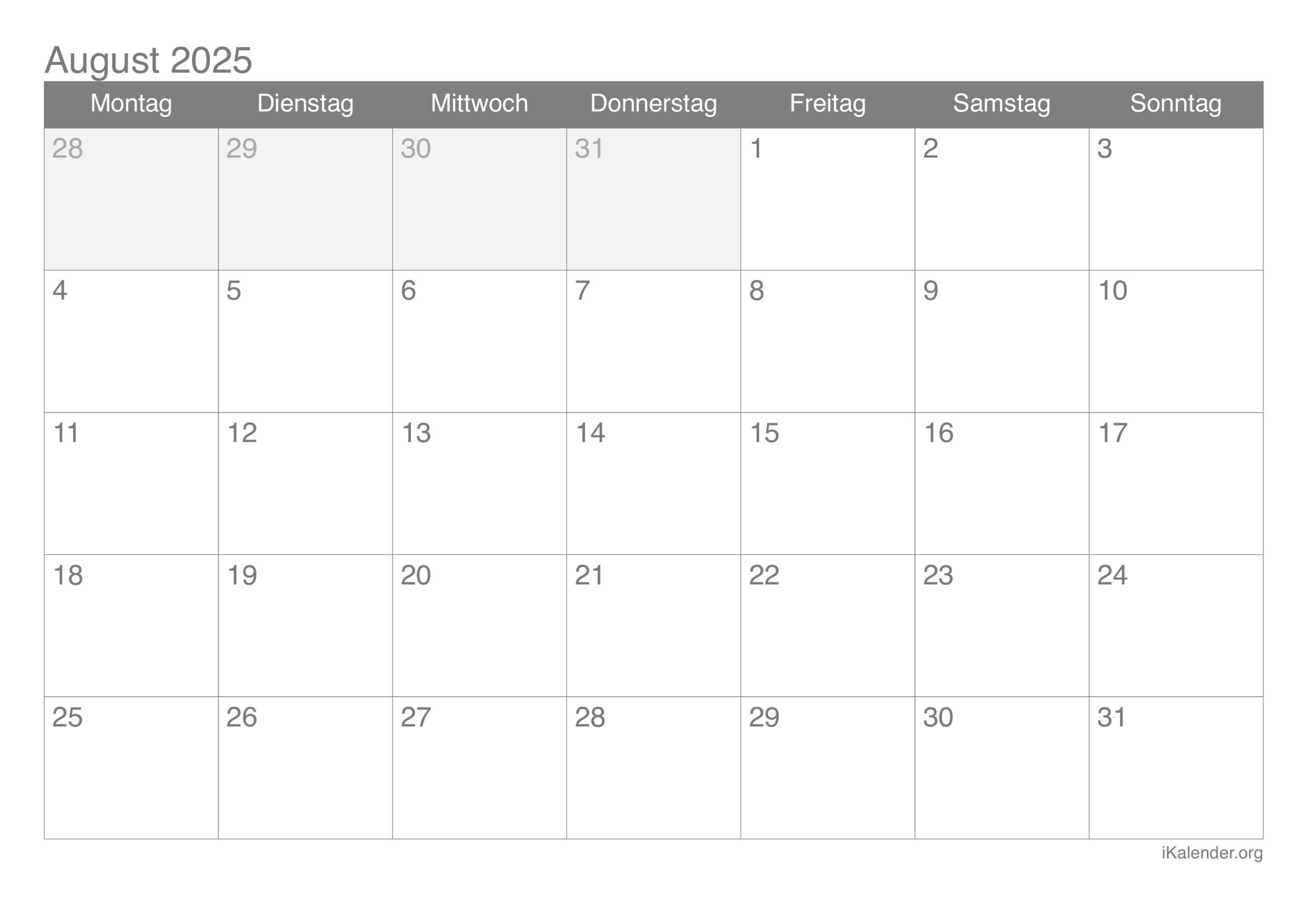 Monatskalender August 2025 Zum Ausdrucken | August 2025 Kalender