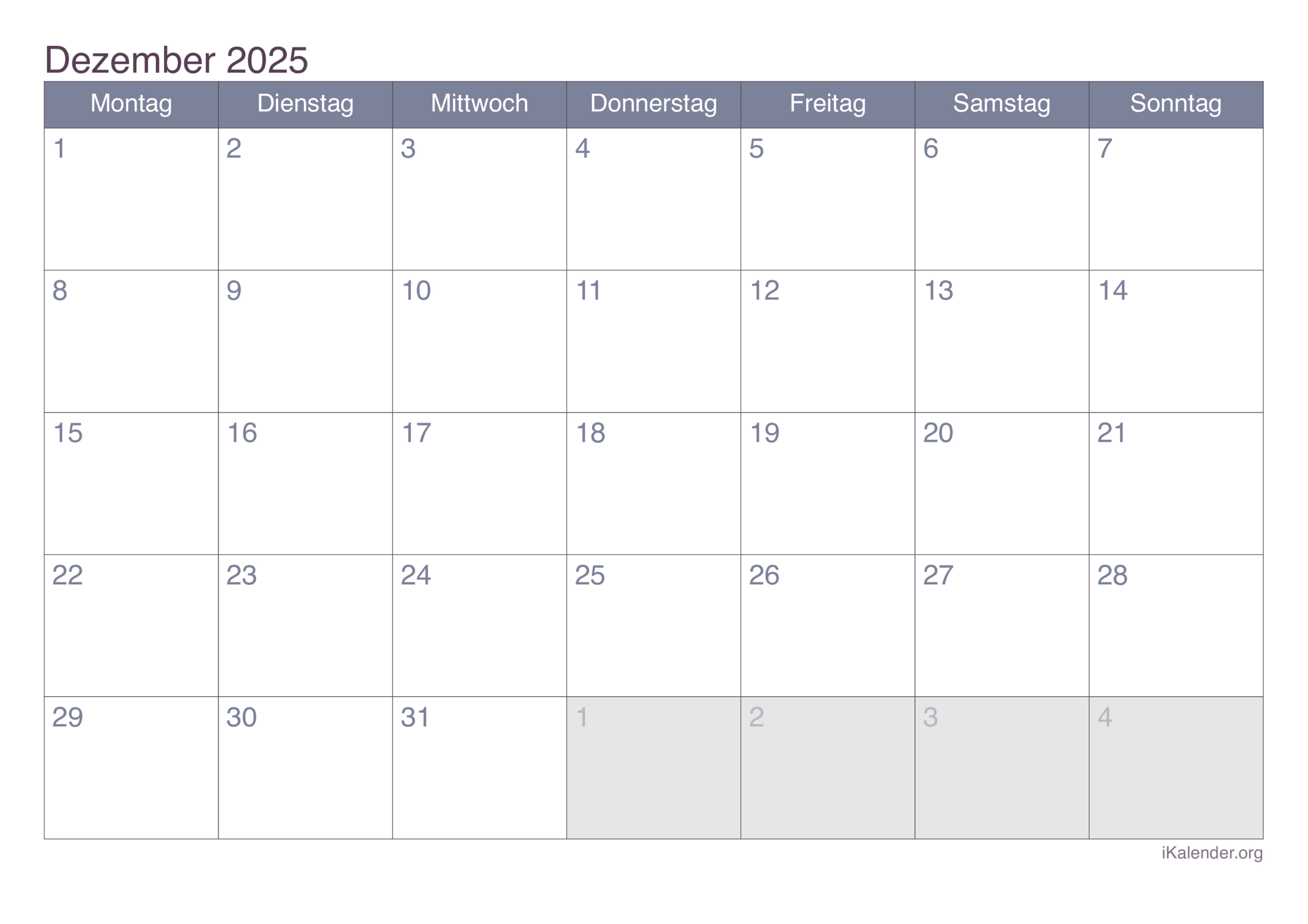 Monatskalender Dezember 2025 Zum Ausdrucken | Kalender Dezember 2025