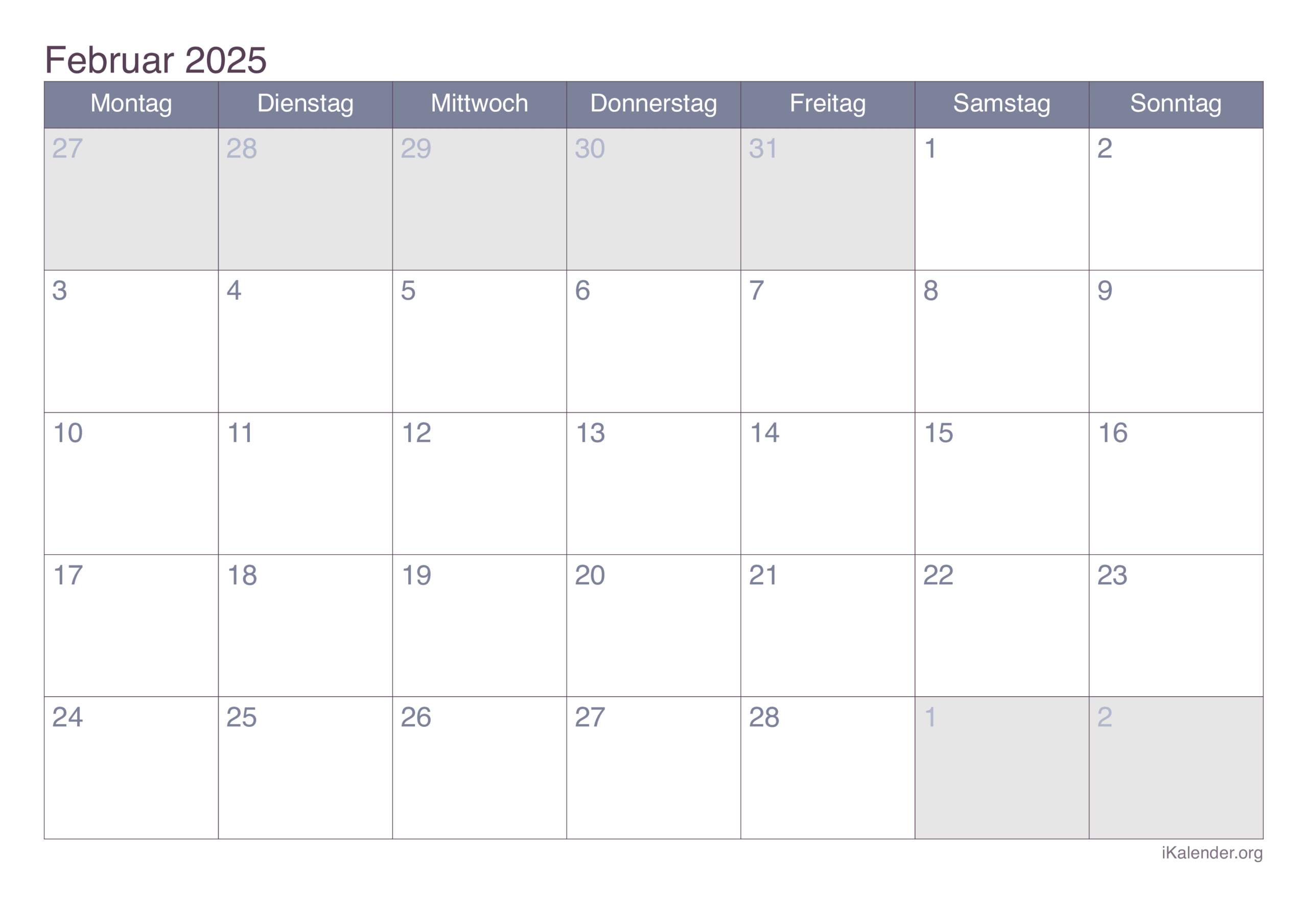 Monatskalender Februar 2025 Zum Ausdrucken | Februar 2025 Kalender