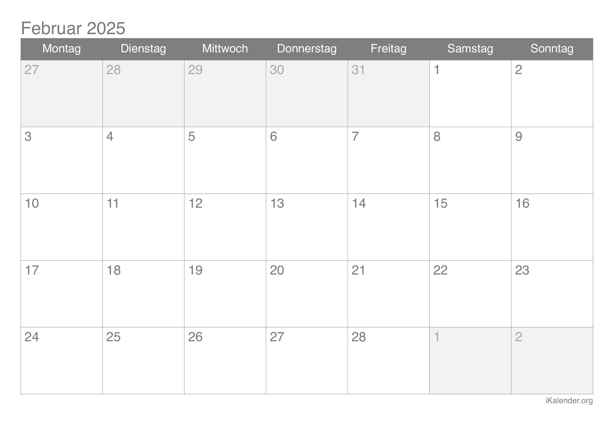 Monatskalender Februar 2025 Zum Ausdrucken | Kalender 2025 Februar