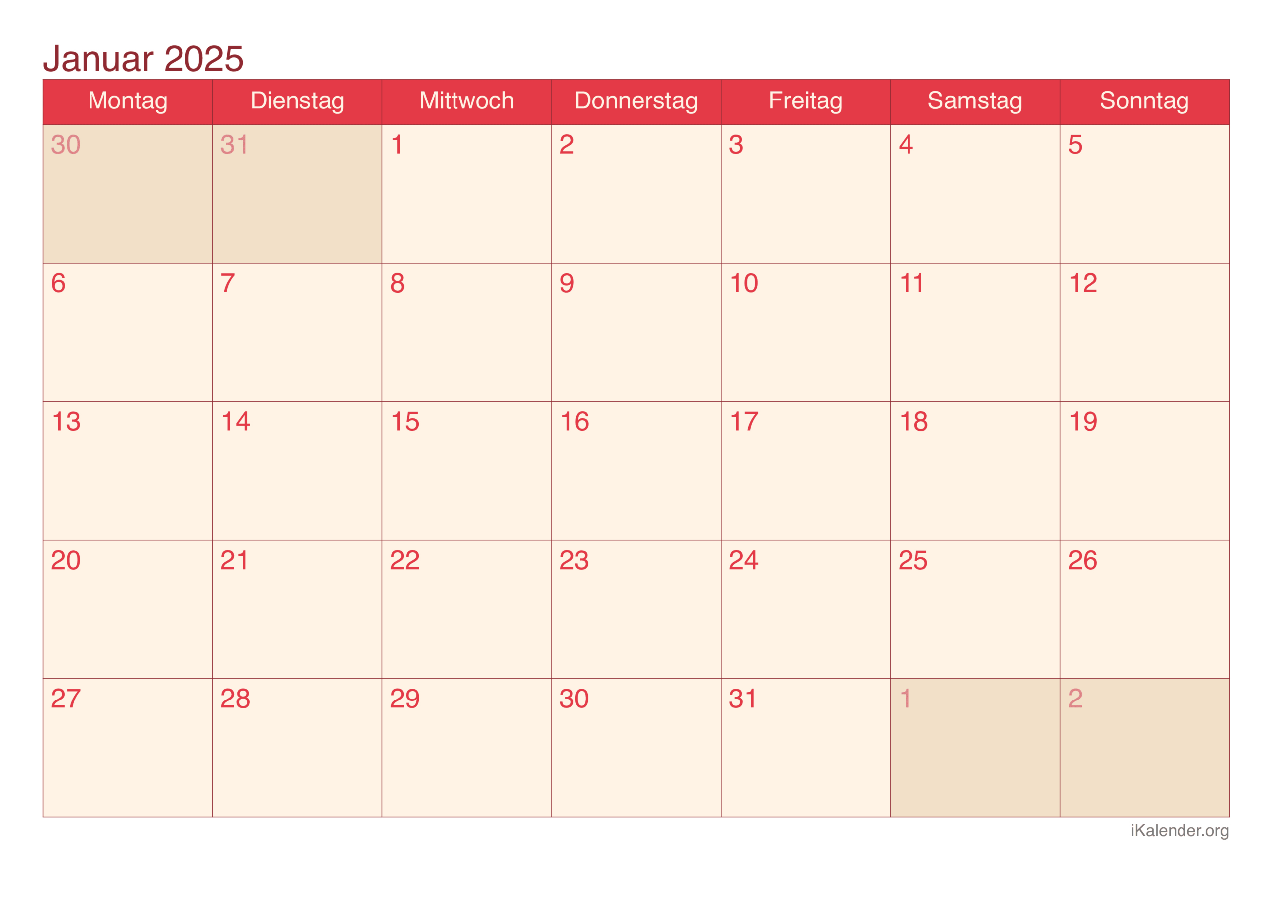 Monatskalender Januar 2025 Zum Ausdrucken | Kalender Januar Und Februar 2025