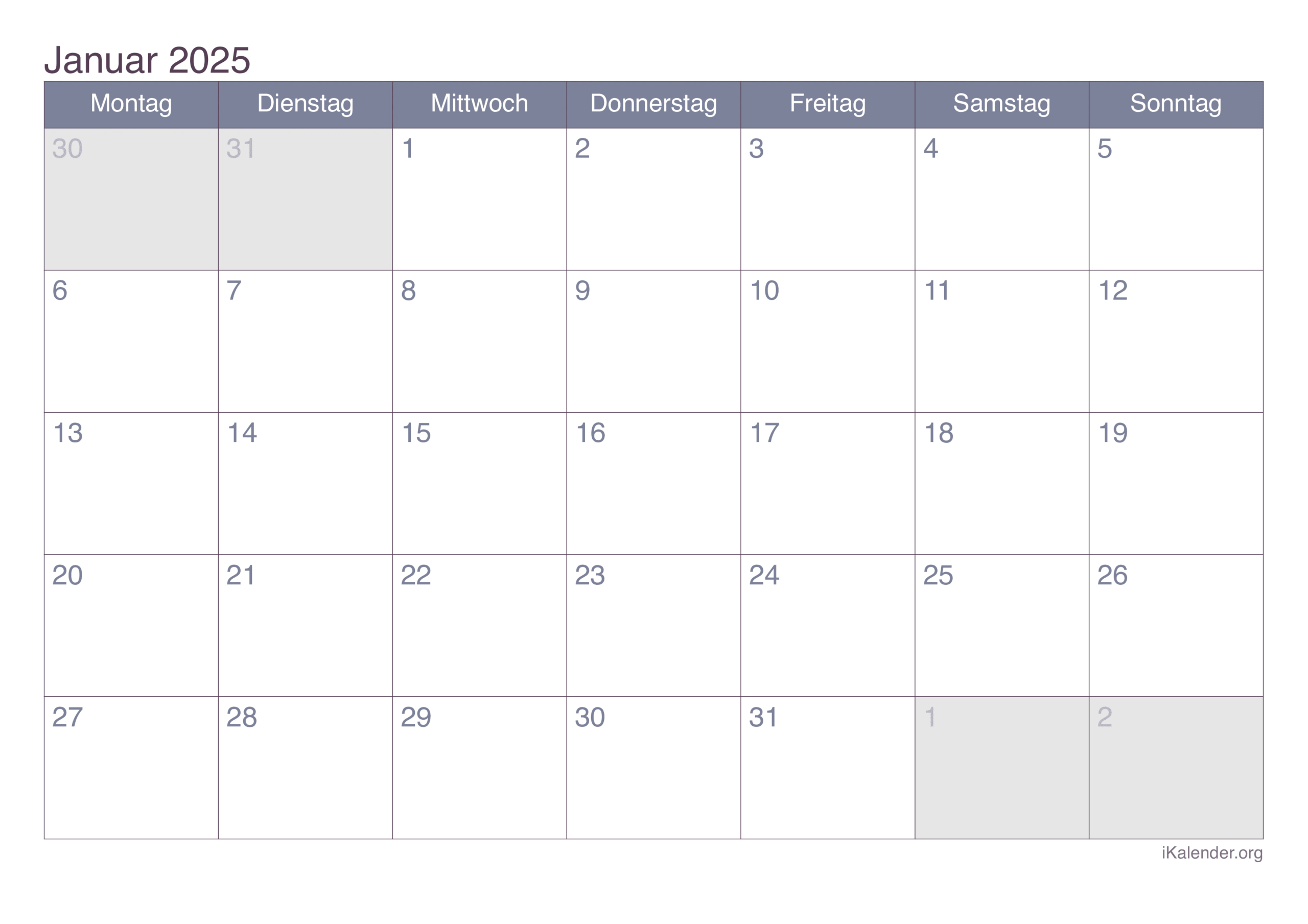 Monatskalender Januar 2025 Zum Ausdrucken | Kalender Januar Und Februar 2025