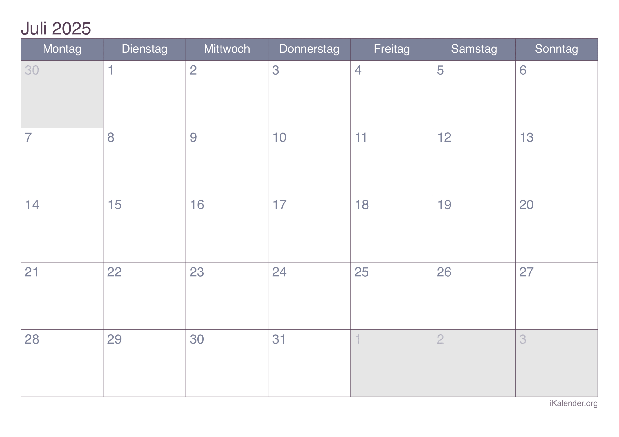 Monatskalender Juli 2025 Zum Ausdrucken | Juli 2025 Kalender