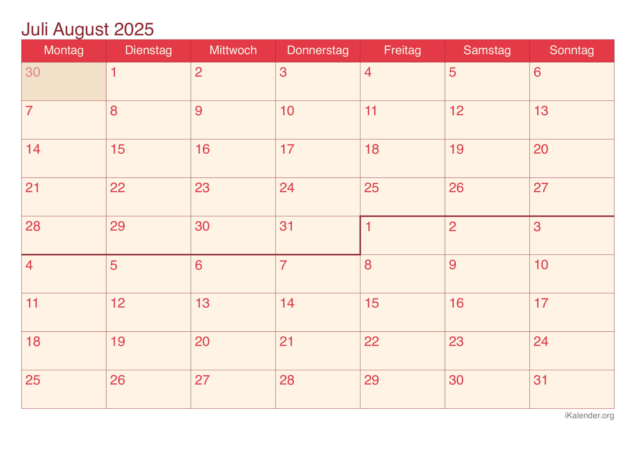 Monatskalender Juli August 2025 Zum Ausdrucken | Kalender Juli August 2025