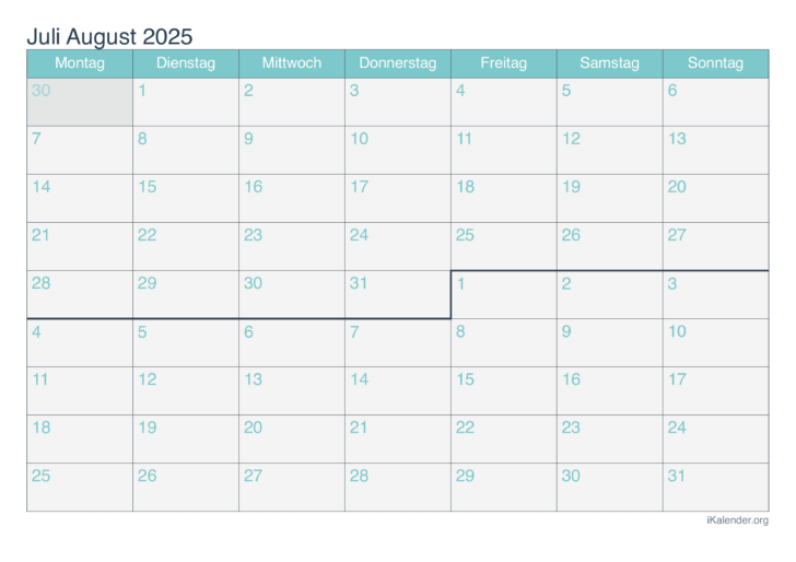 Kalender Juli August 2025