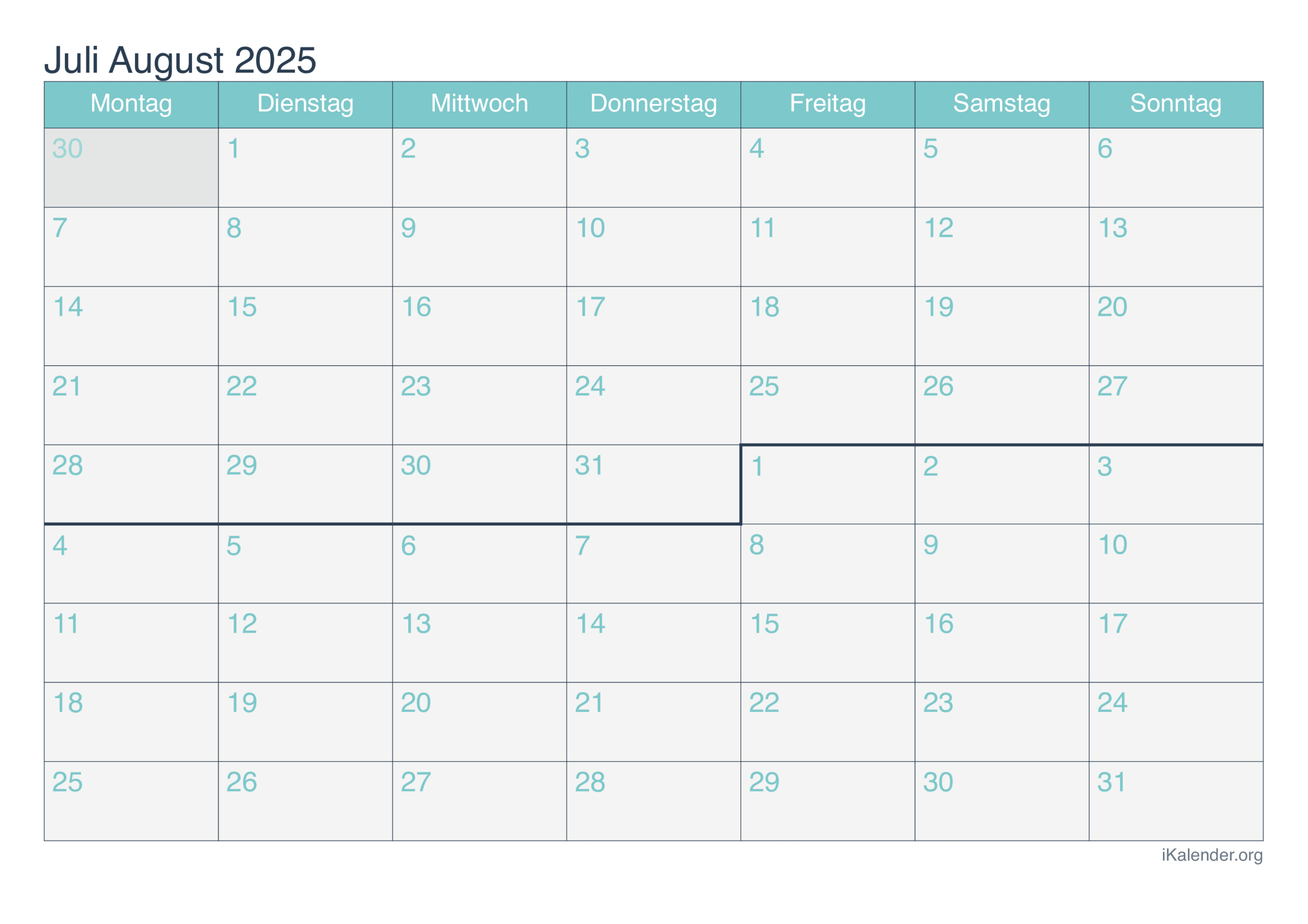 Monatskalender Juli August 2025 Zum Ausdrucken | Kalender Juli August 2025