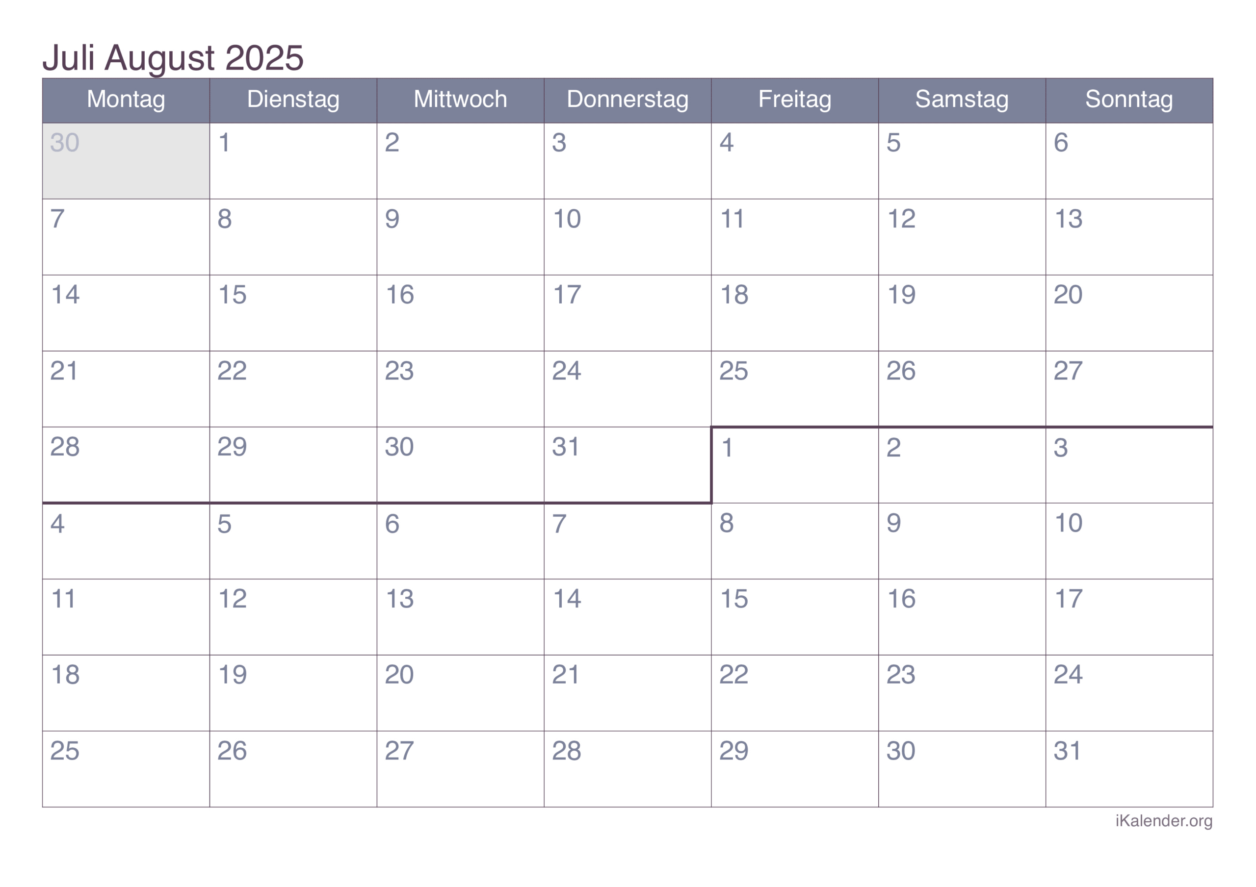 Monatskalender Juli August 2025 Zum Ausdrucken | Kalender Juli August 2025