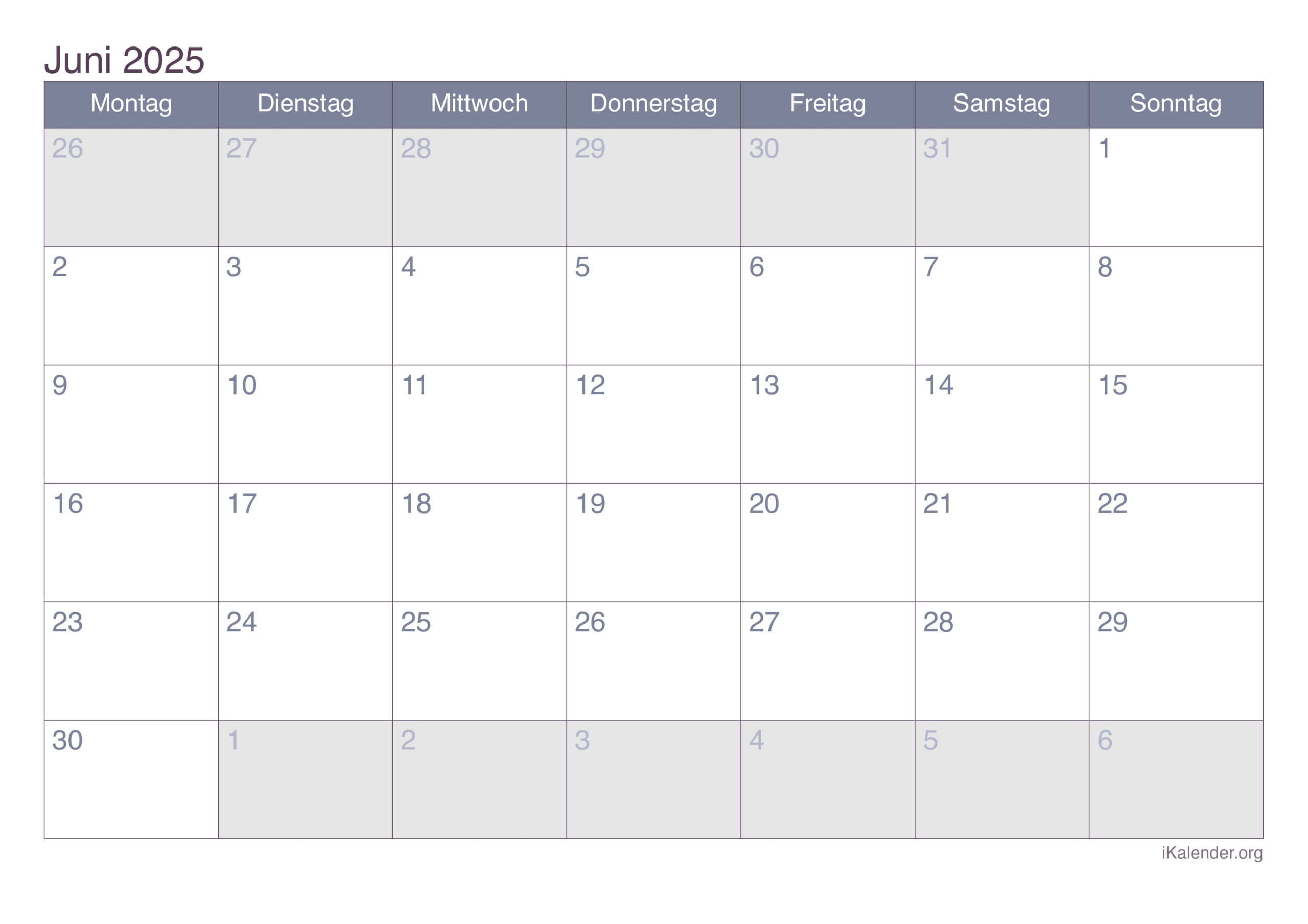 Monatskalender Juni 2025 Zum Ausdrucken | Kalender Juni 2025